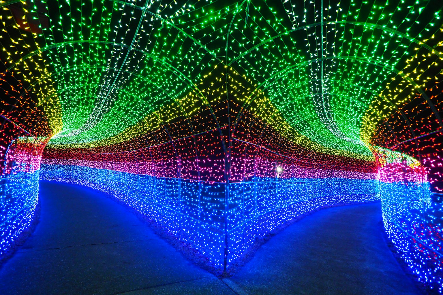 อุโมงค์ไฟสีสันสดใสที่ตกแต่งด้วยไฟ LED สีน้ำเงิน สีเขียว สีแดง และสีเหลือง