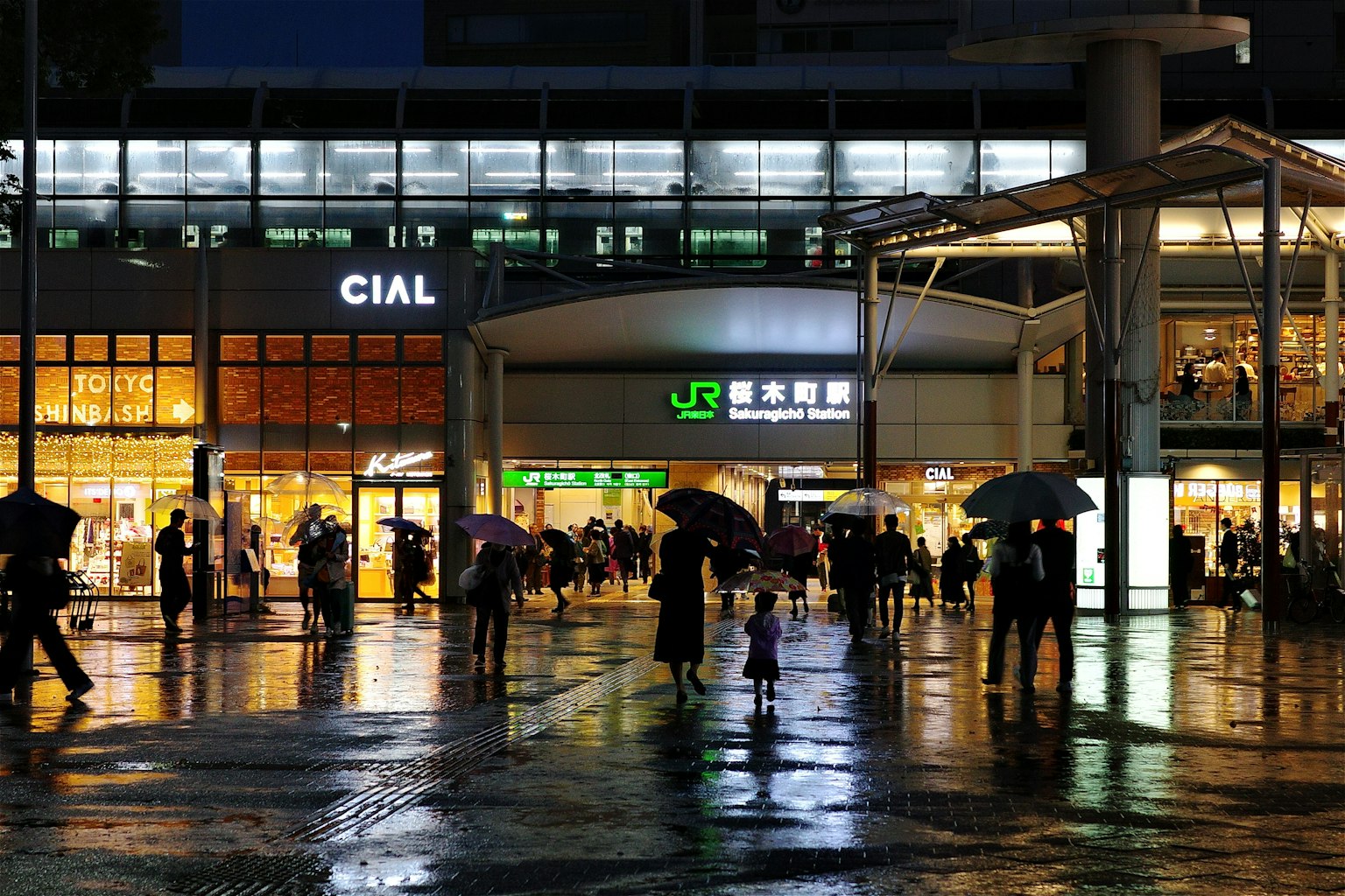 ฉากกลางคืนที่สถานีรถไฟมีผู้คนถือร่มเดินอยู่ในฝนป้ายสถานีที่สว่าง