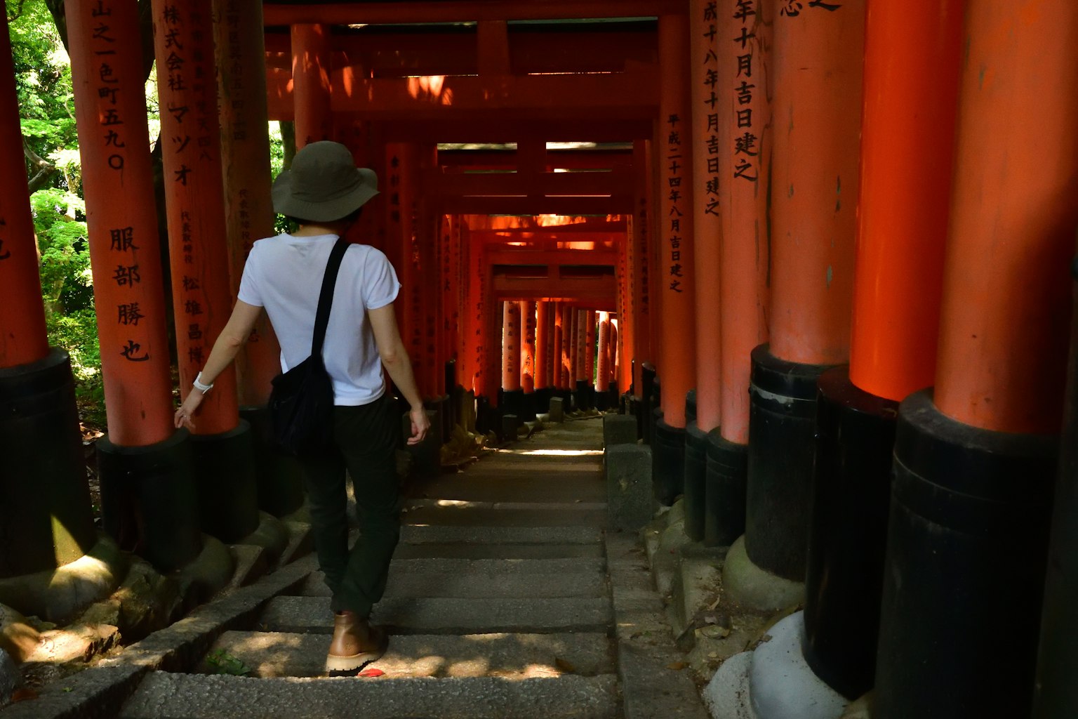 Person walking through red torii gates