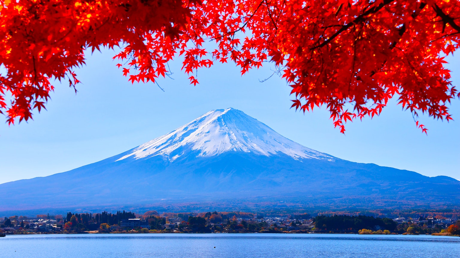 ทัศนียภาพที่น่าทึ่งของภูเขาฟูจิพร้อมใบไม้ฤดูใบไม้ร่วงสีแดงสดใส