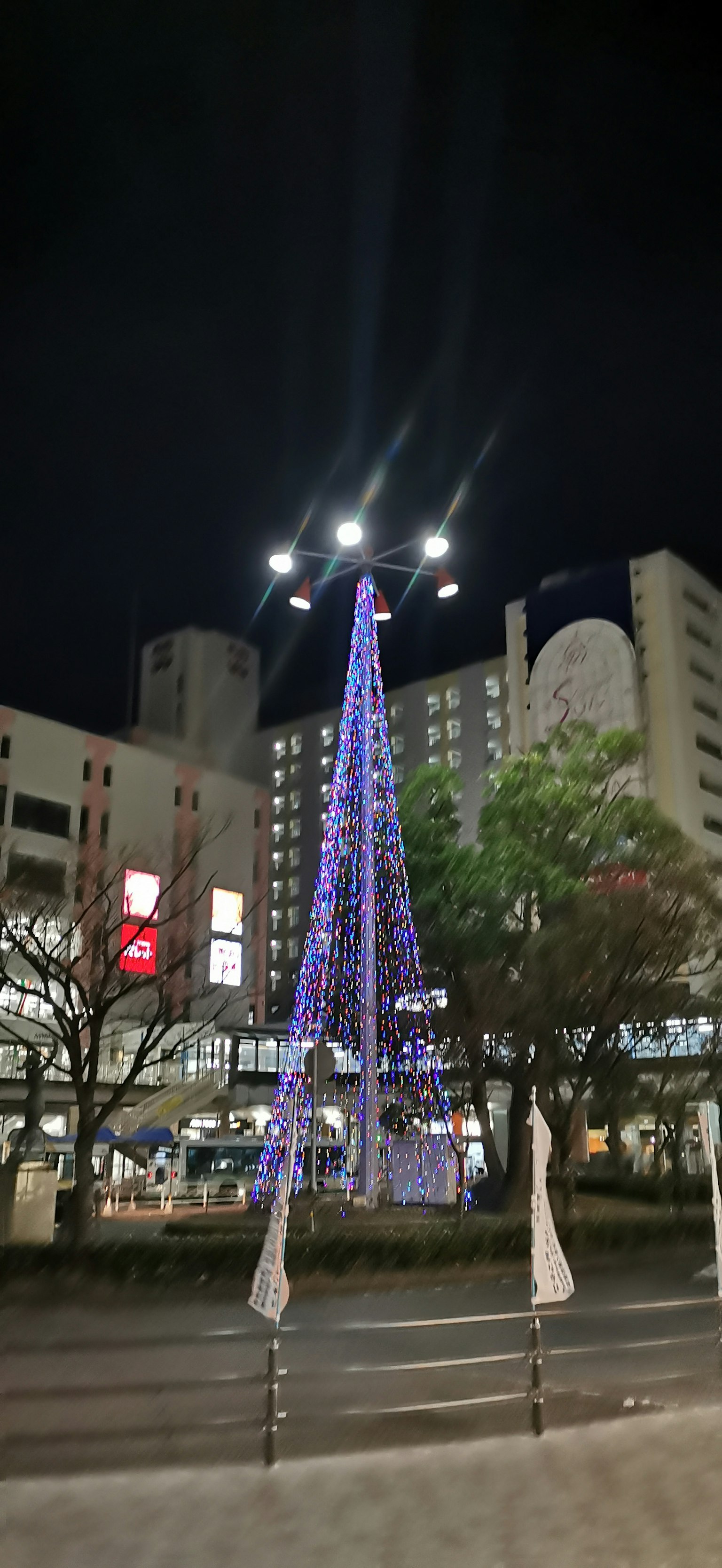 Árbol de Navidad iluminado con luces azules por la noche en un entorno urbano