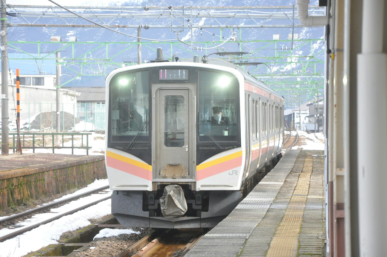 Modern train stopped at a snowy station