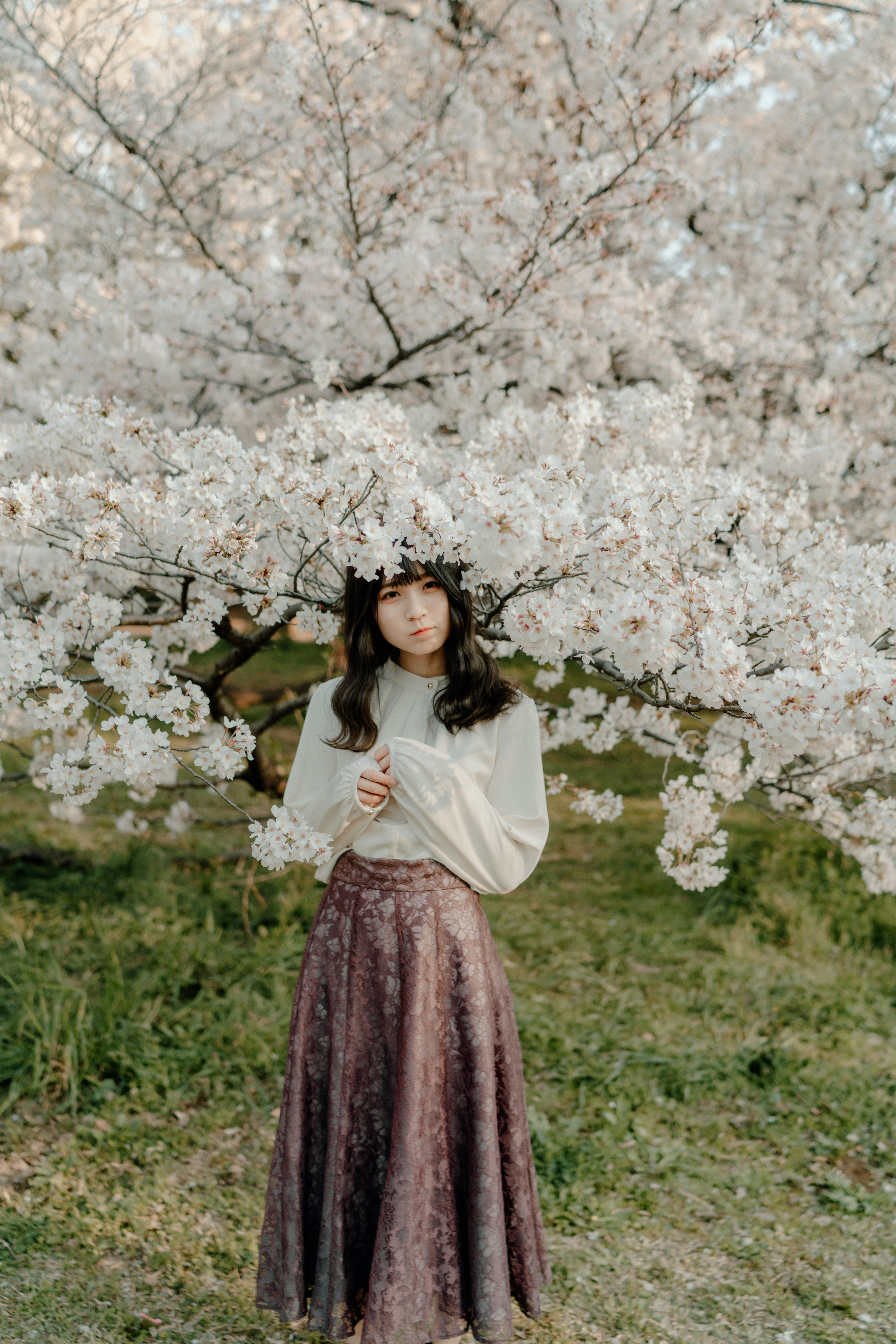桜の木の下で微笑む女性