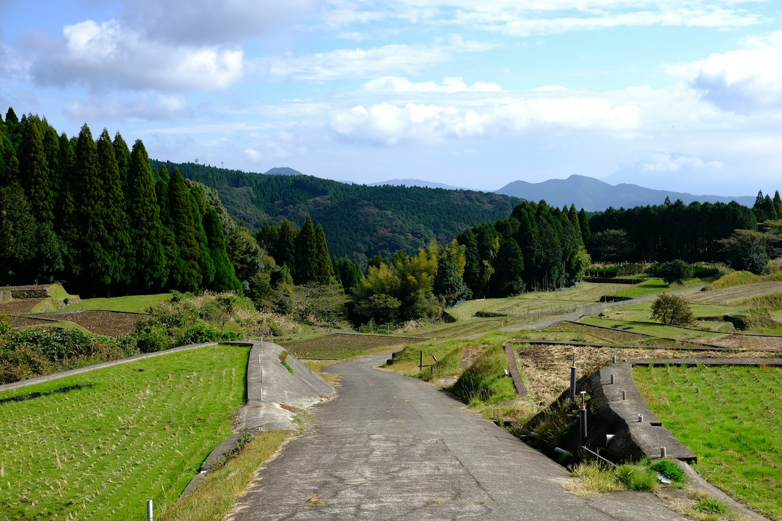 Paved road leading through lush rice fields and rolling hills under a blue sky