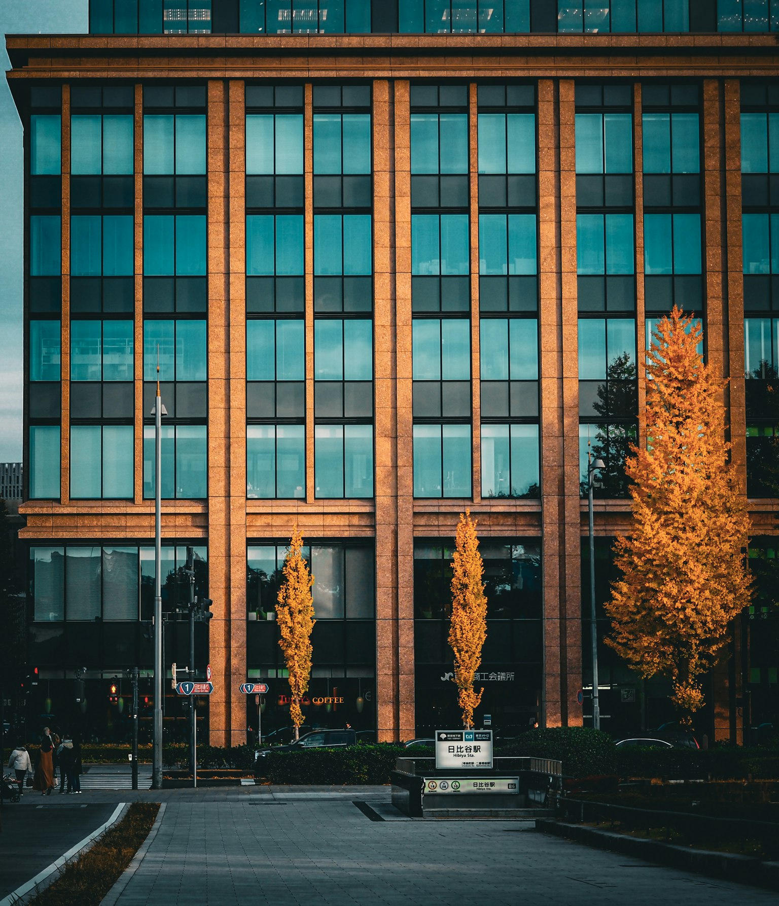 現代的なビルの外観と秋の木々のコントラスト