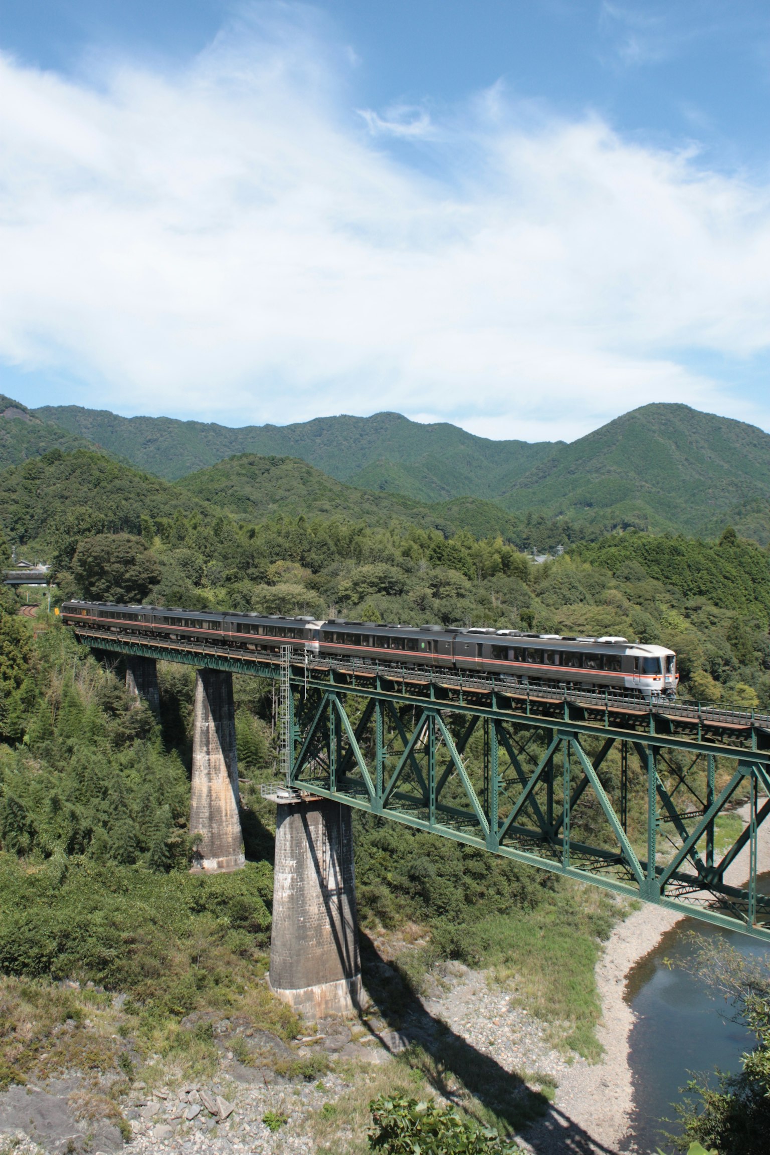 Un train traversant un pont vert entouré de magnifiques montagnes