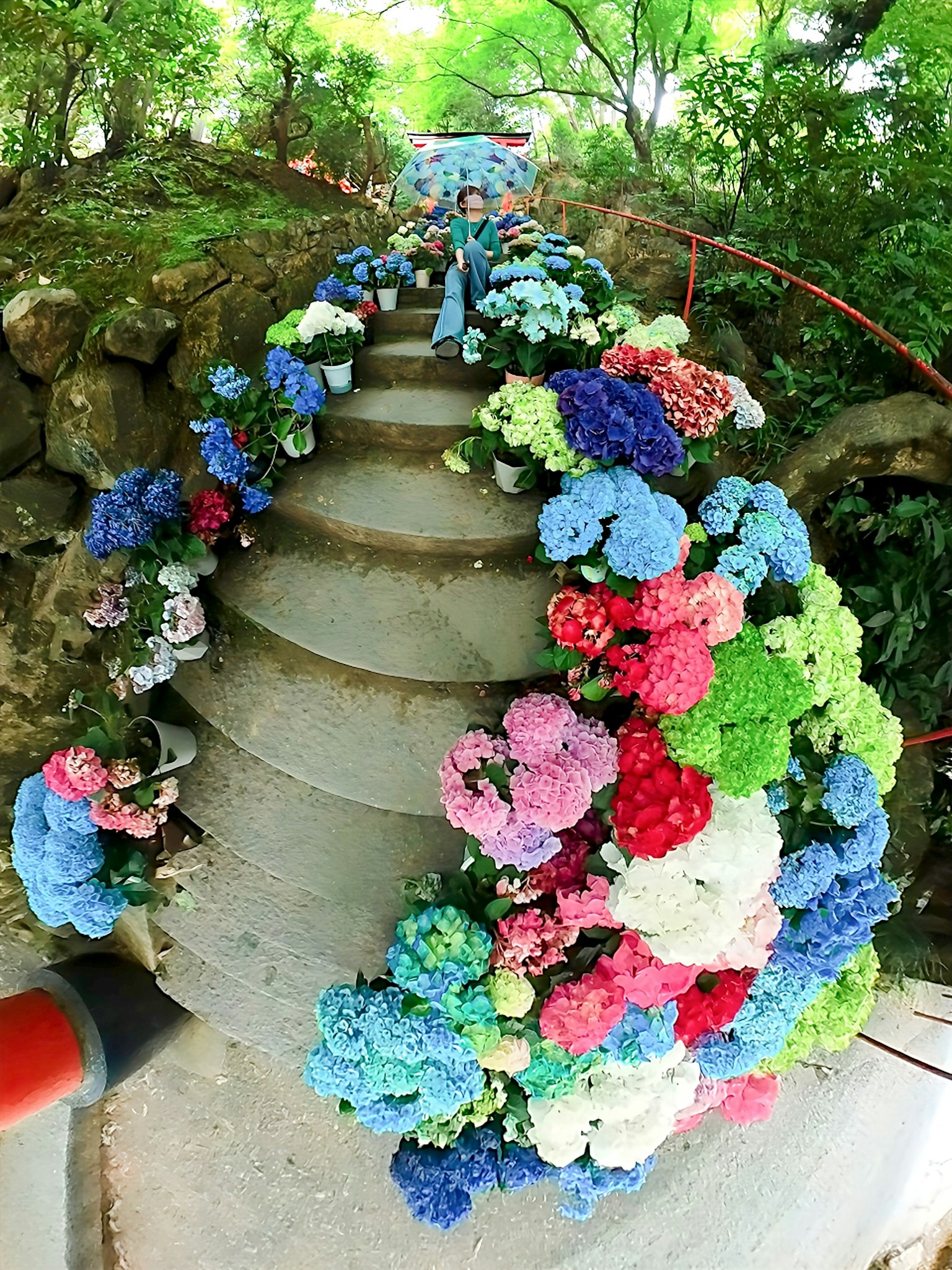 Bunte Blumen, die eine Treppenszene schmücken