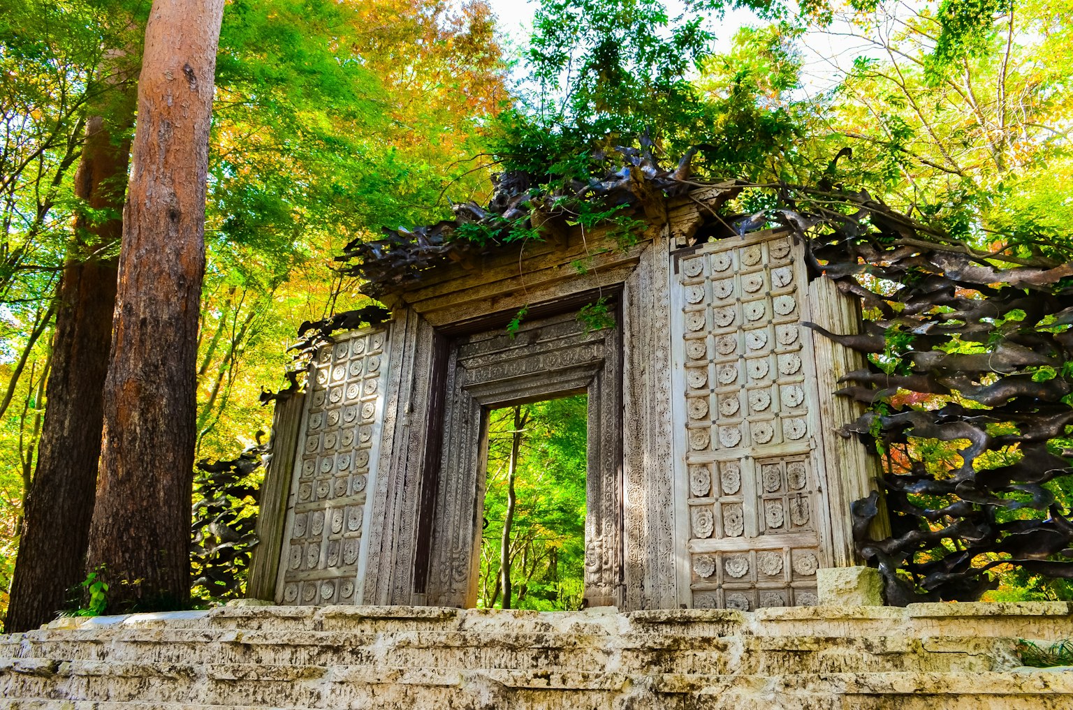 Entrée de ruine ancienne entourée de verdure luxuriante