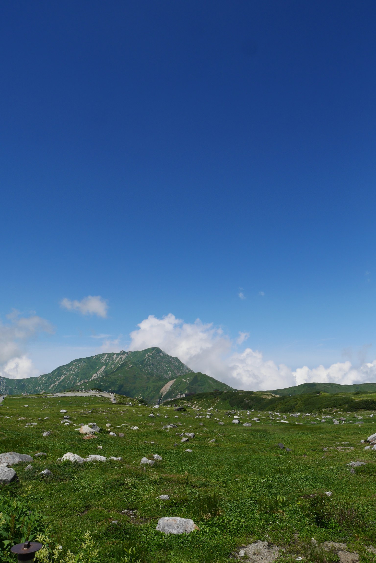 Mountain landscape surrounded by green grass and a blue sky