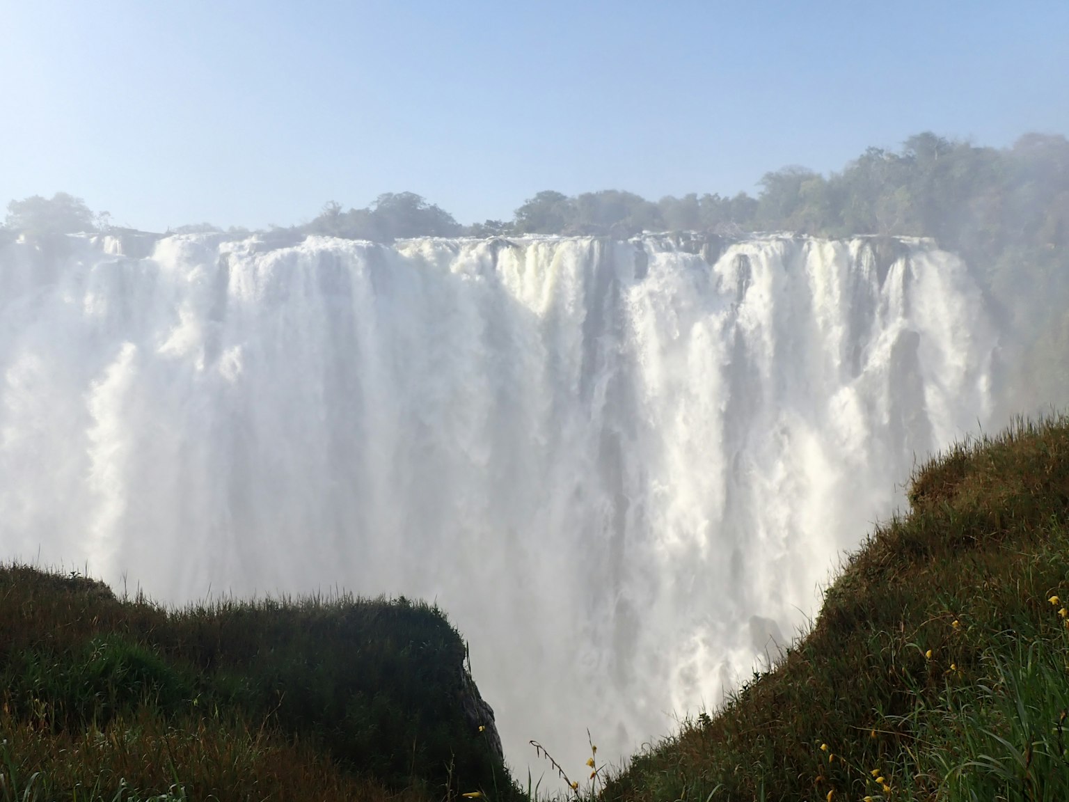 Pemandangan megah Air Terjun Iguazu dengan air mengalir di bawah langit biru