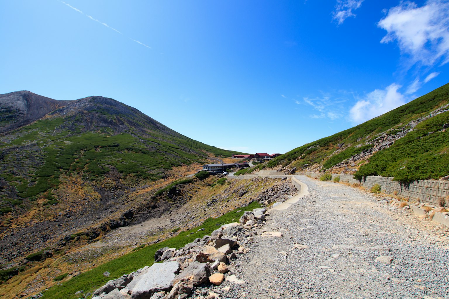 Malersicher Schotterweg umgeben von grünen Bergen und blauem Himmel