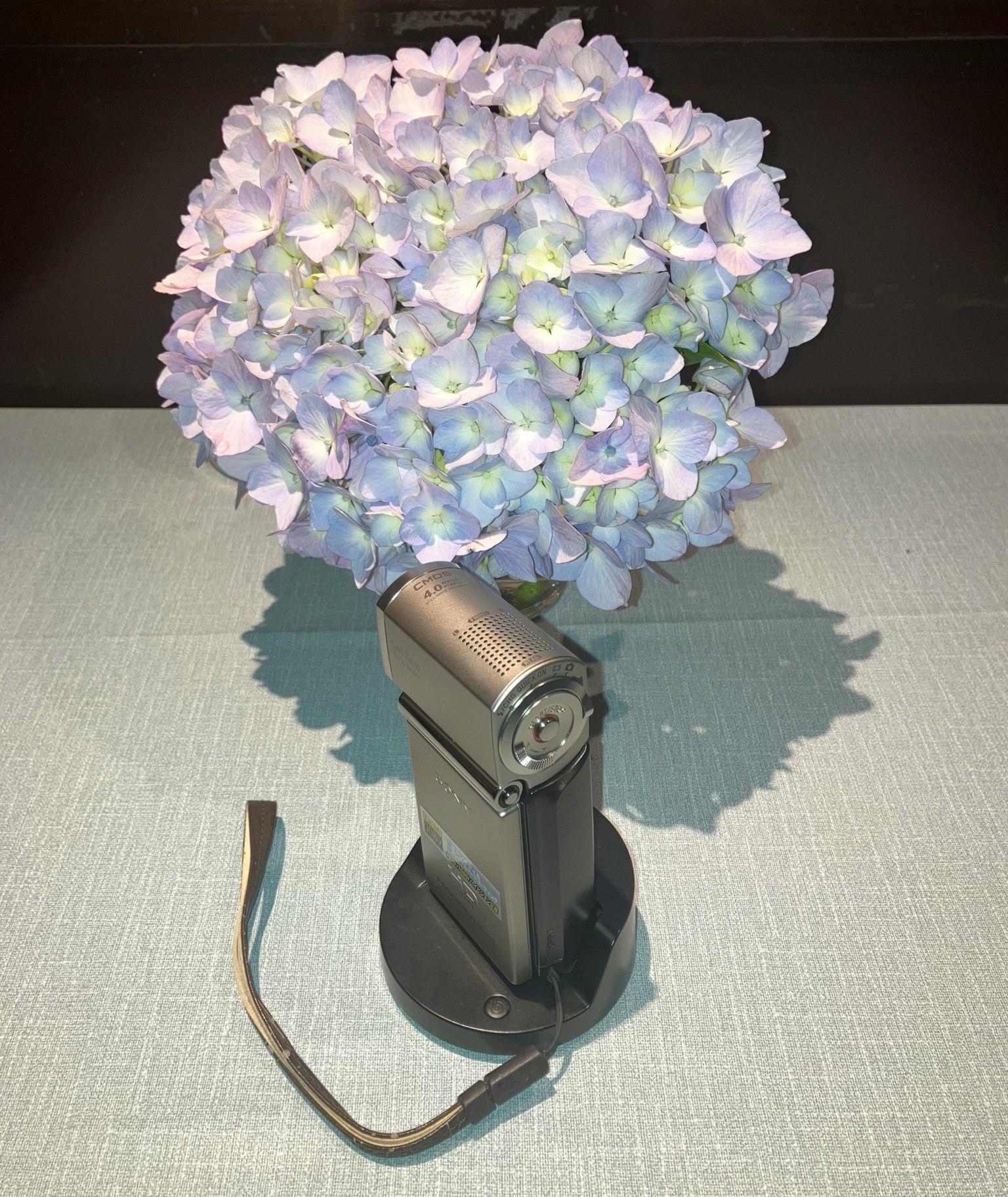 紫阳花花束放在银色底座上，带有电缆