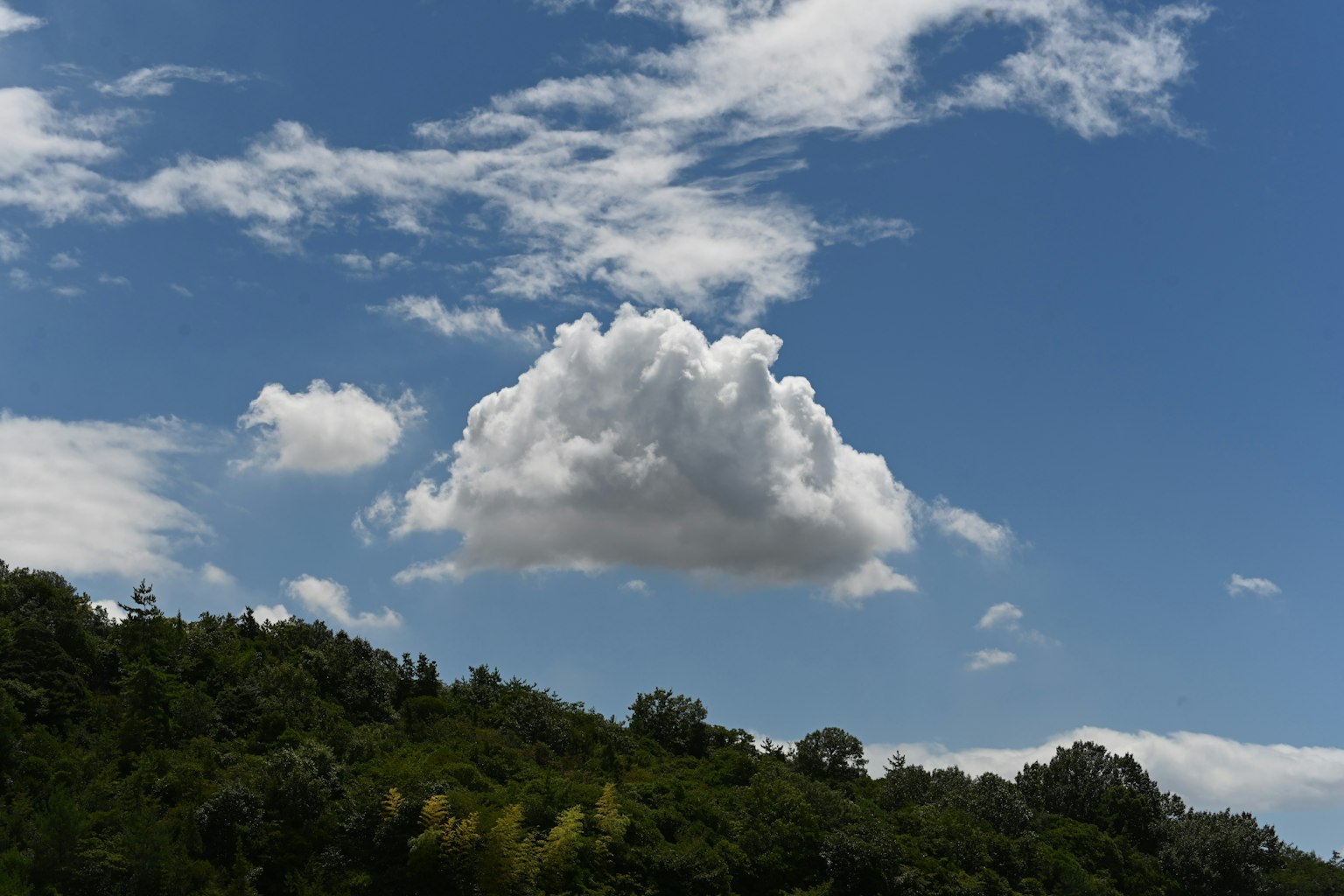 Nube blanca esponjosa en un cielo azul sobre colinas verdes