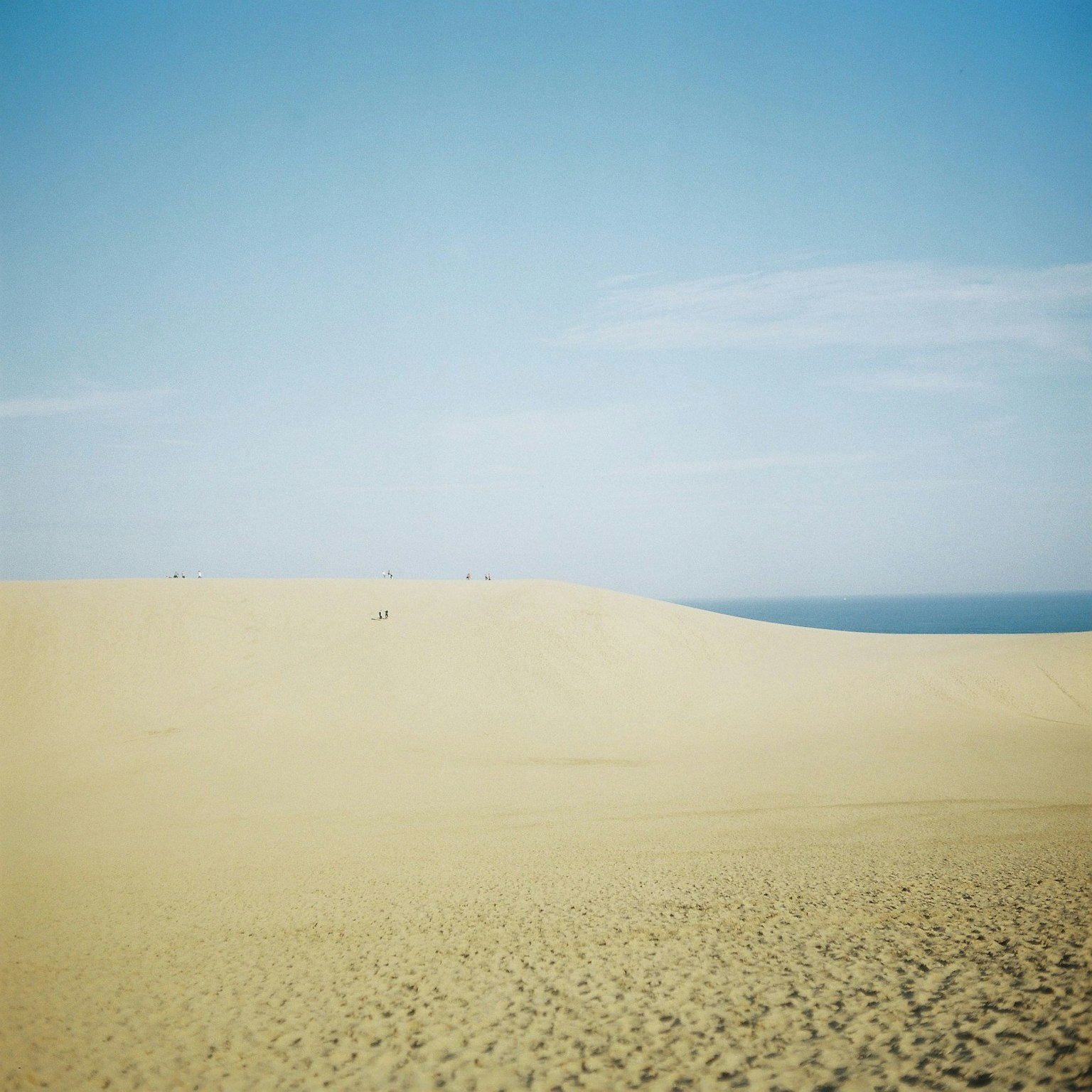 Vast sand dunes surrounded by blue sky and ocean