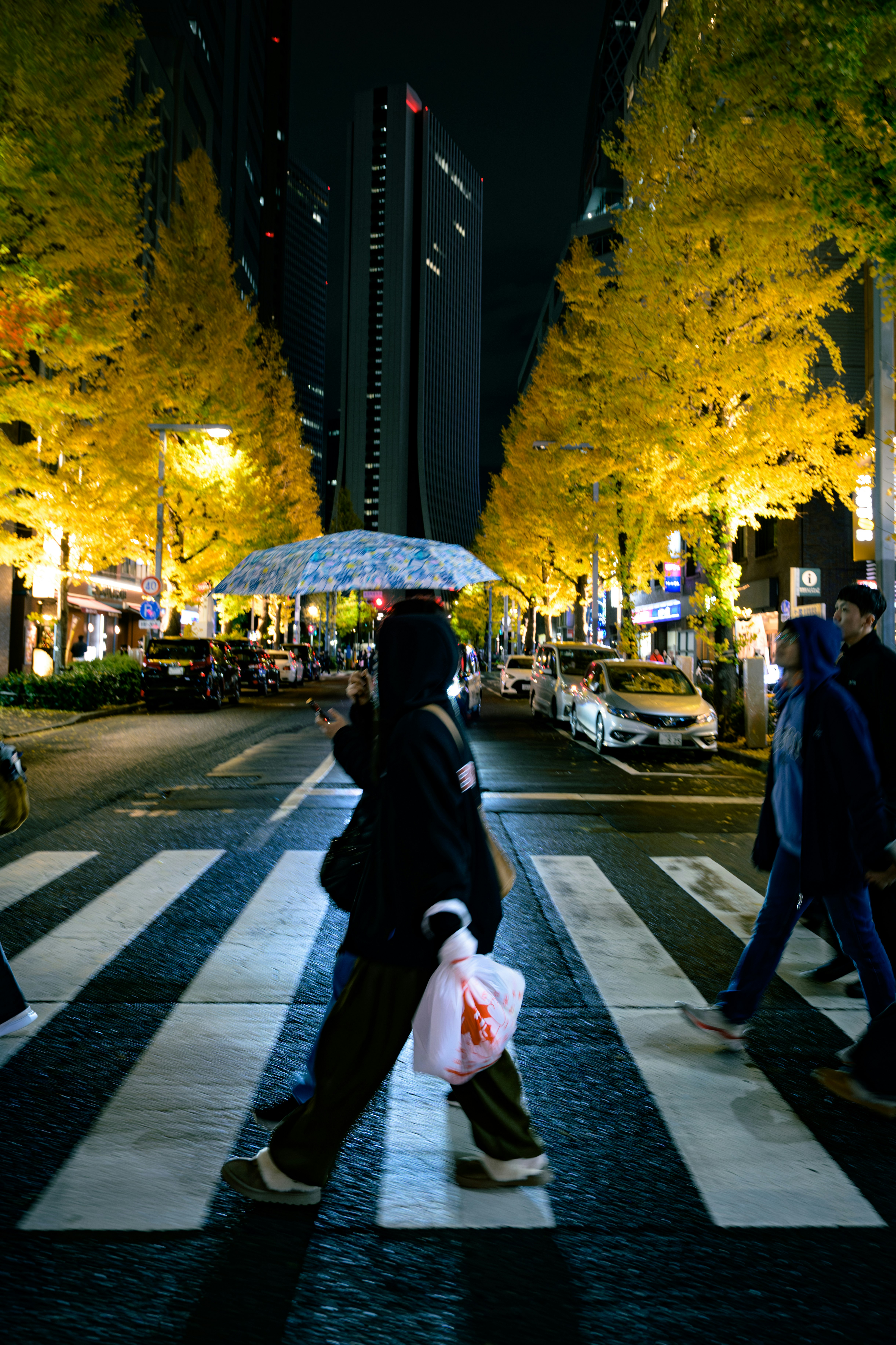 夜の街路で傘をさす人と並ぶ街灯のある通り