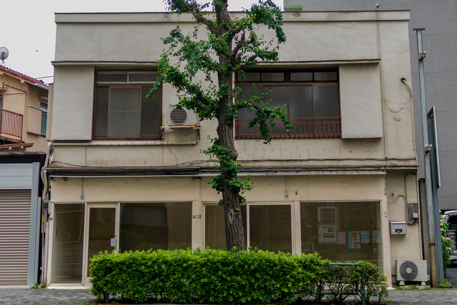 Außenansicht eines alten Gebäudes mit einem Baum in der Mitte