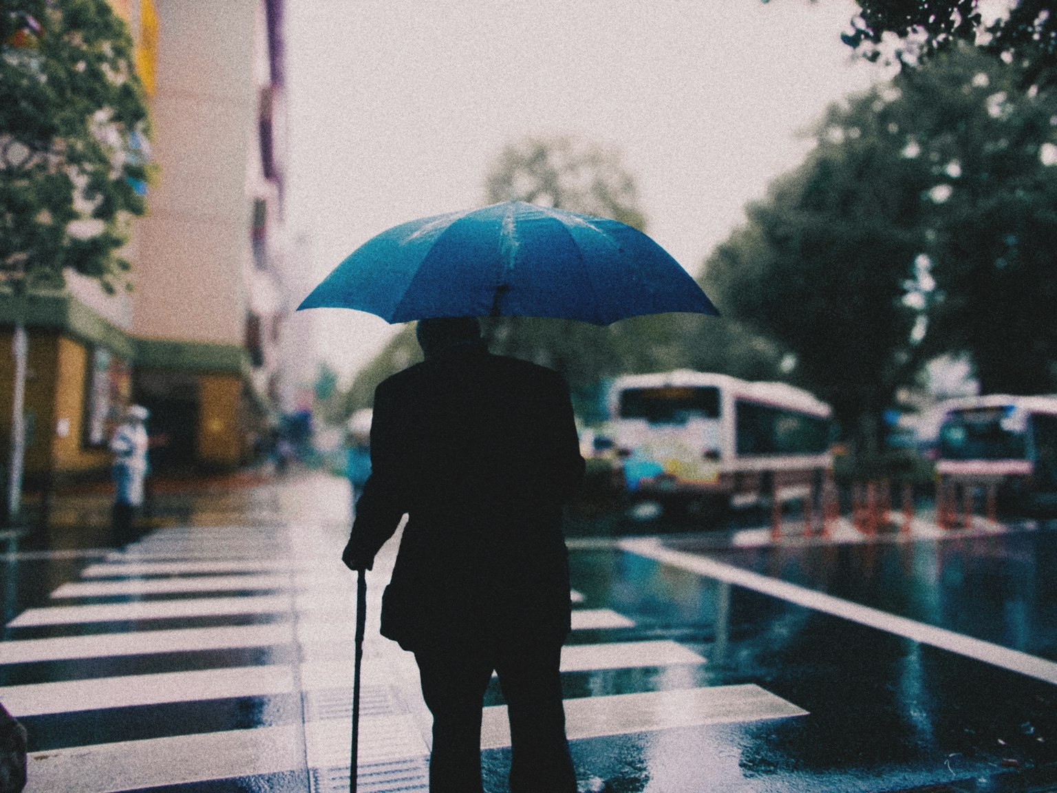 Person holding a blue umbrella walking on a crosswalk in the rain