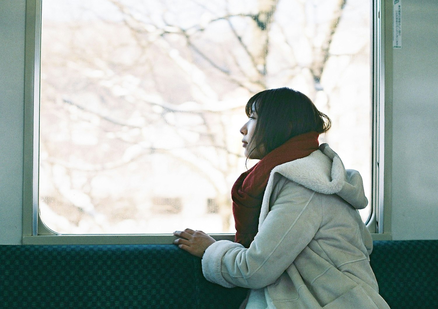 person in a hooded coat looking out a window