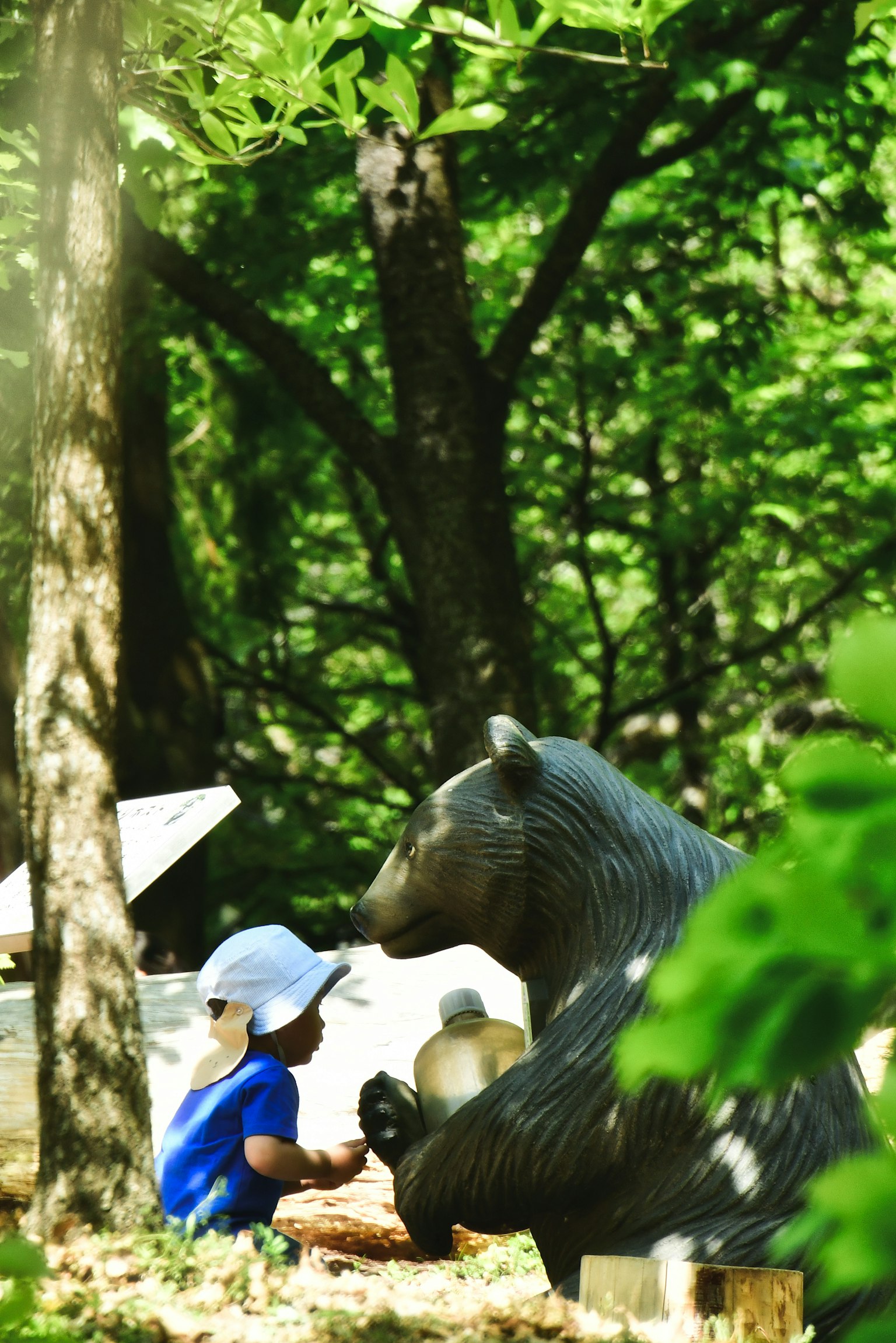 Un enfant en chemise bleue et chapeau blanc assis près d'une statue d'ours noir dans une forêt verdoyante