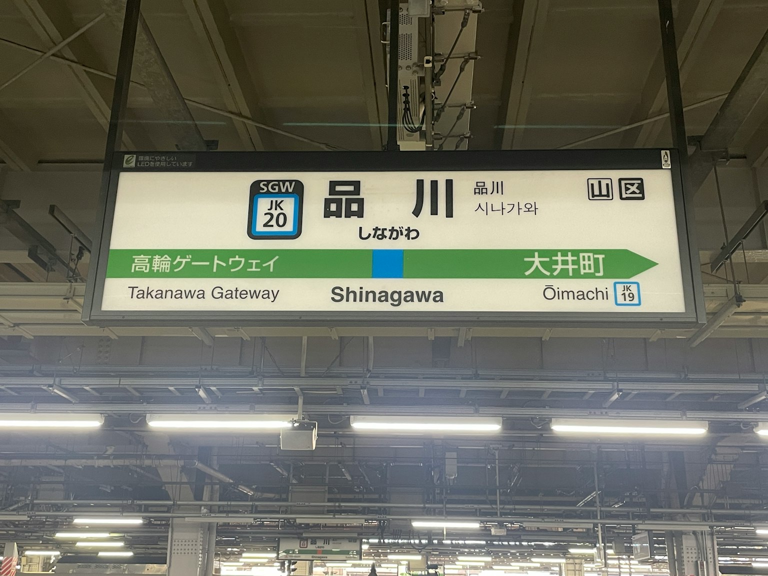 Papan di Stasiun Shinagawa menunjukkan nama stasiun dan arah