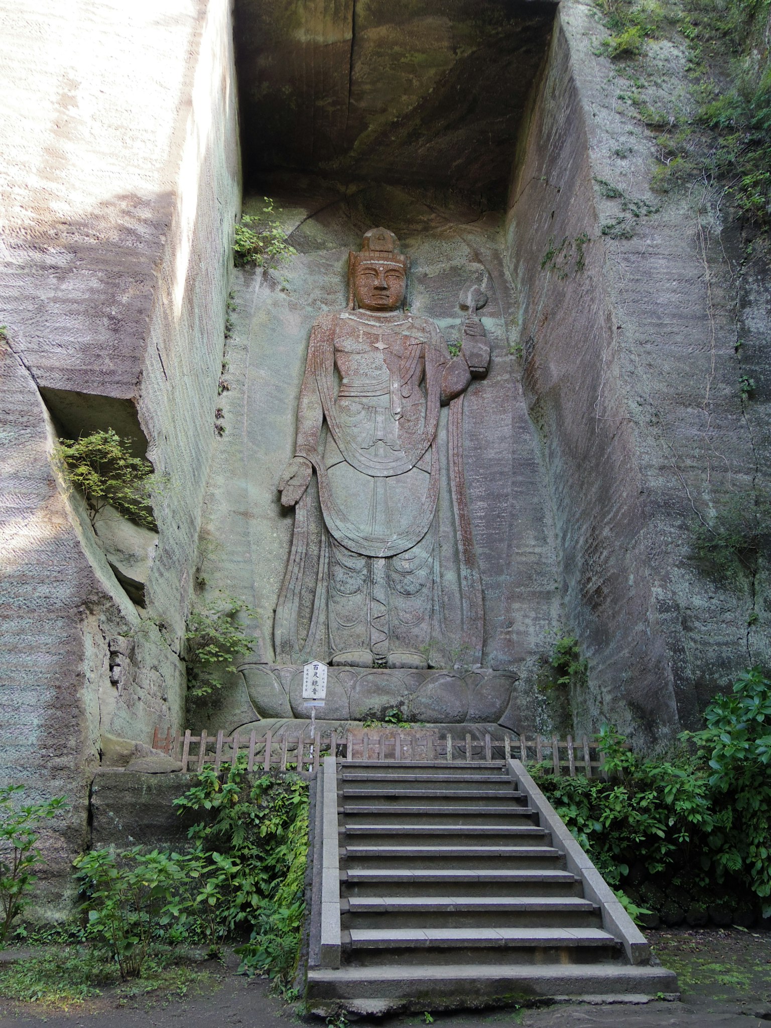 Large carved Buddha statue in stone surrounded by greenery with stairs in front