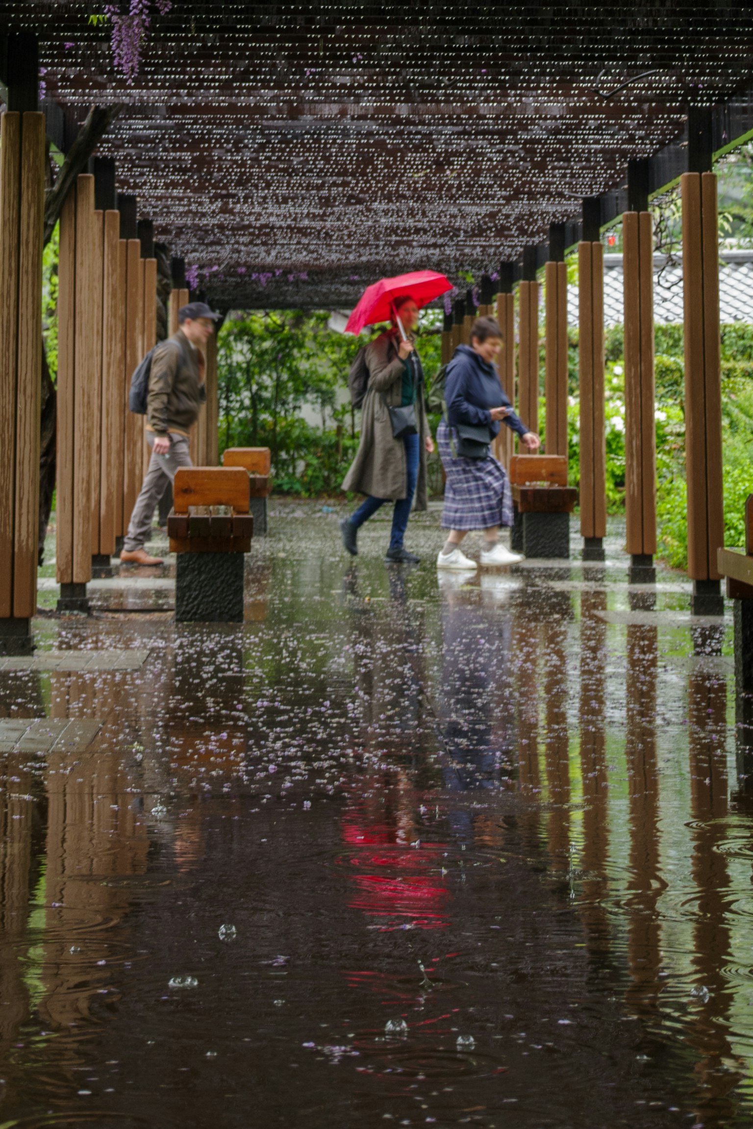 雨中行走的人们和红伞在湿 pavement 上的倒影