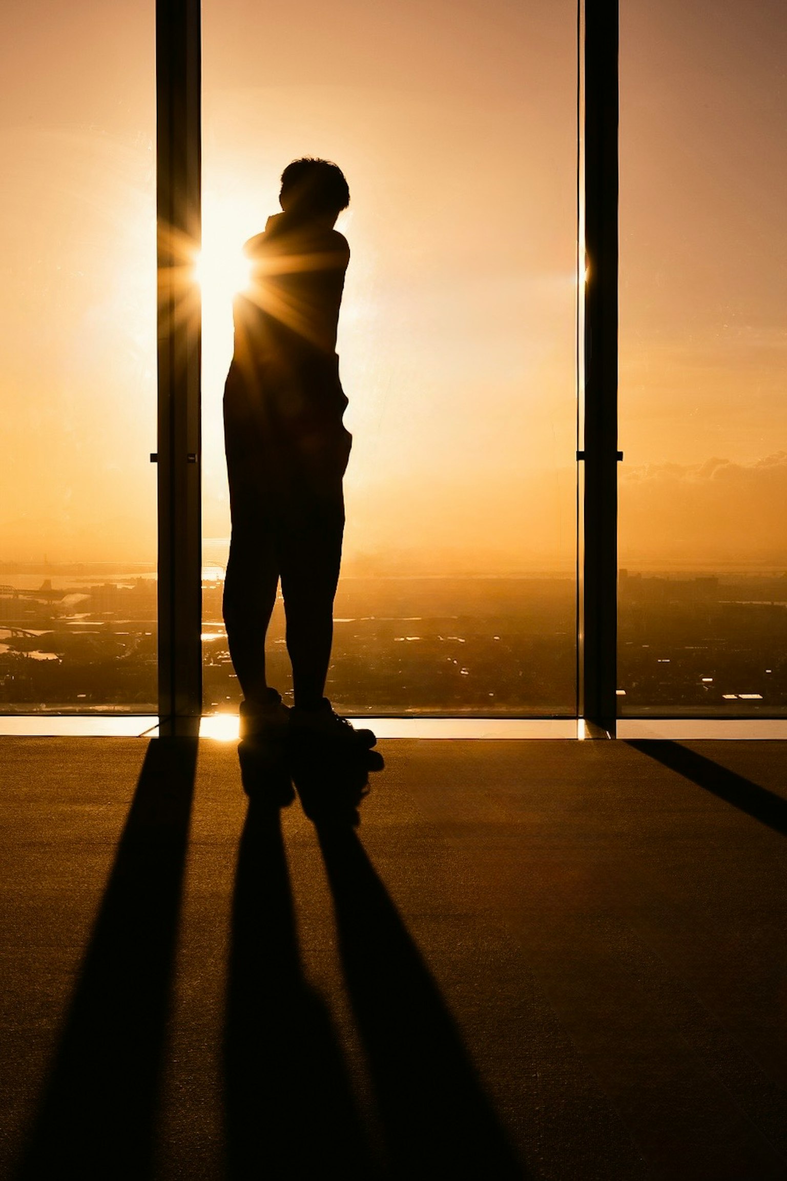 Silhouette di una persona in piedi contro il tramonto vista da una finestra di un grattacielo