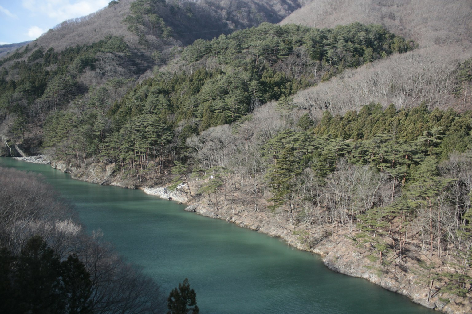 Ruhige Flusslandschaft umgeben von grünen Bäumen