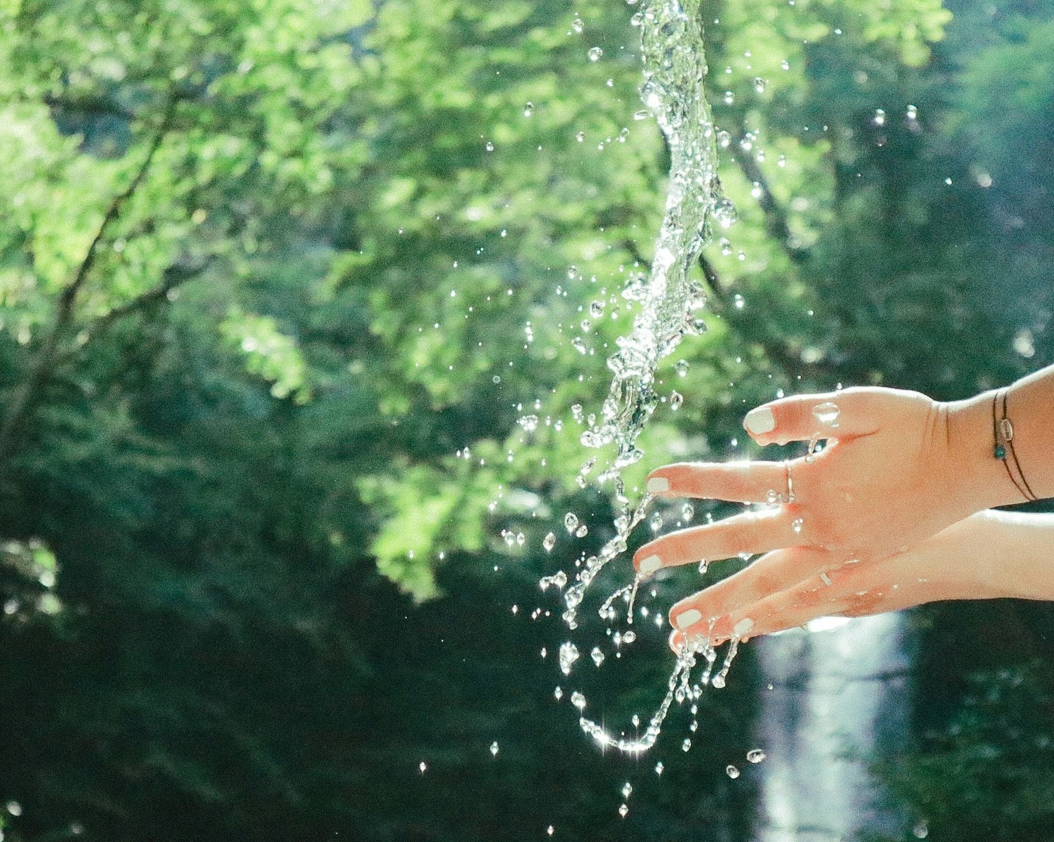 Manos salpicando agua en un entorno verde