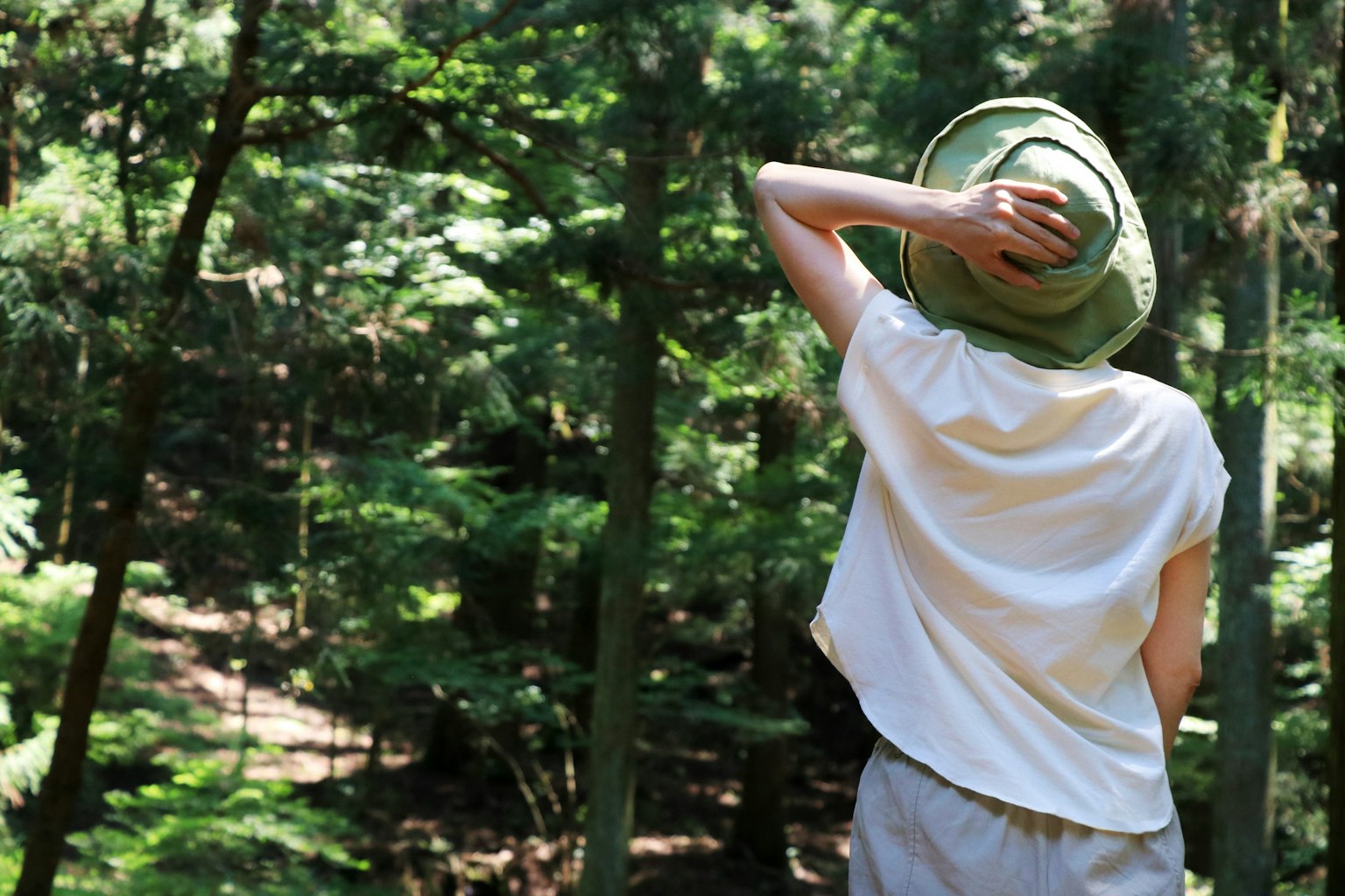 Eine Frau mit einem Hut steht mit dem Rücken in einem Wald