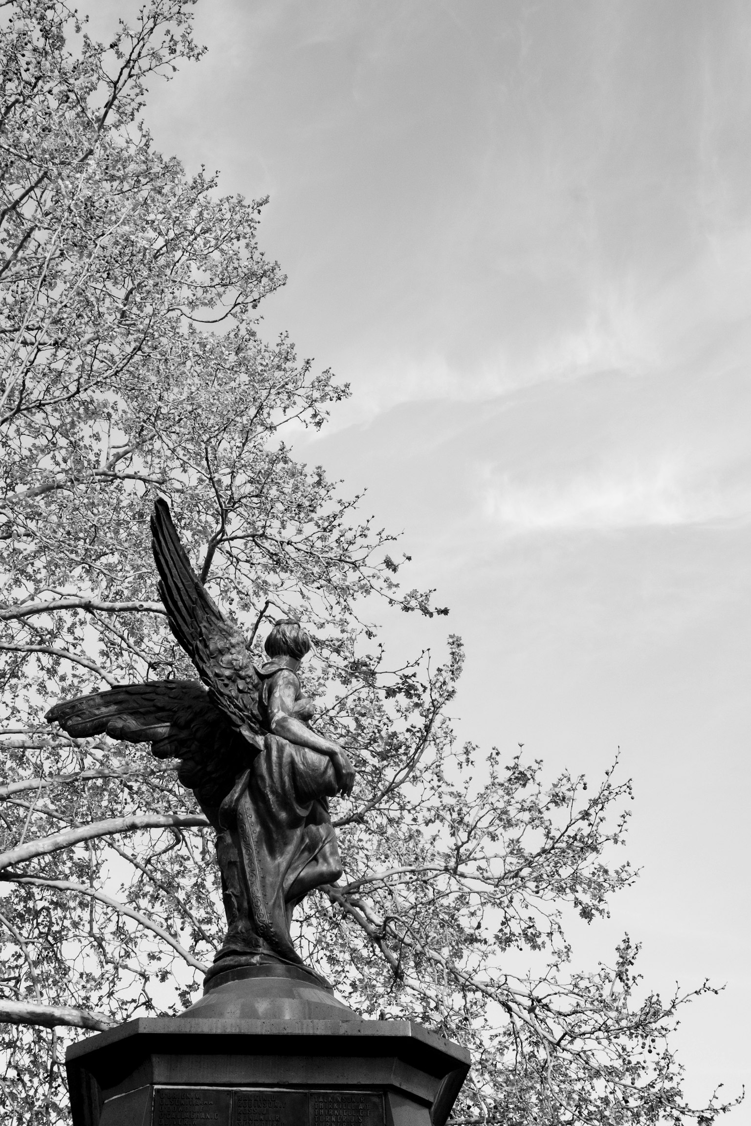 Estatua de ángel negra con alas contra un fondo de árboles y cielo