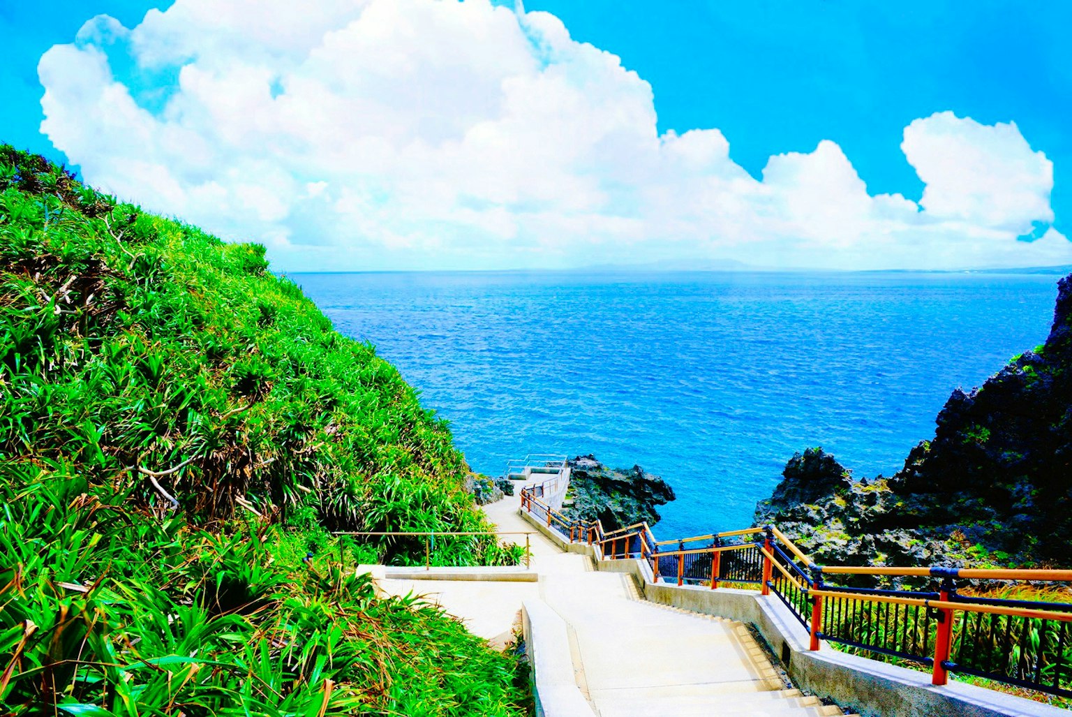 Vue côtière pittoresque avec océan bleu et nuages blancs végétation luxuriante et escaliers menant à la plage