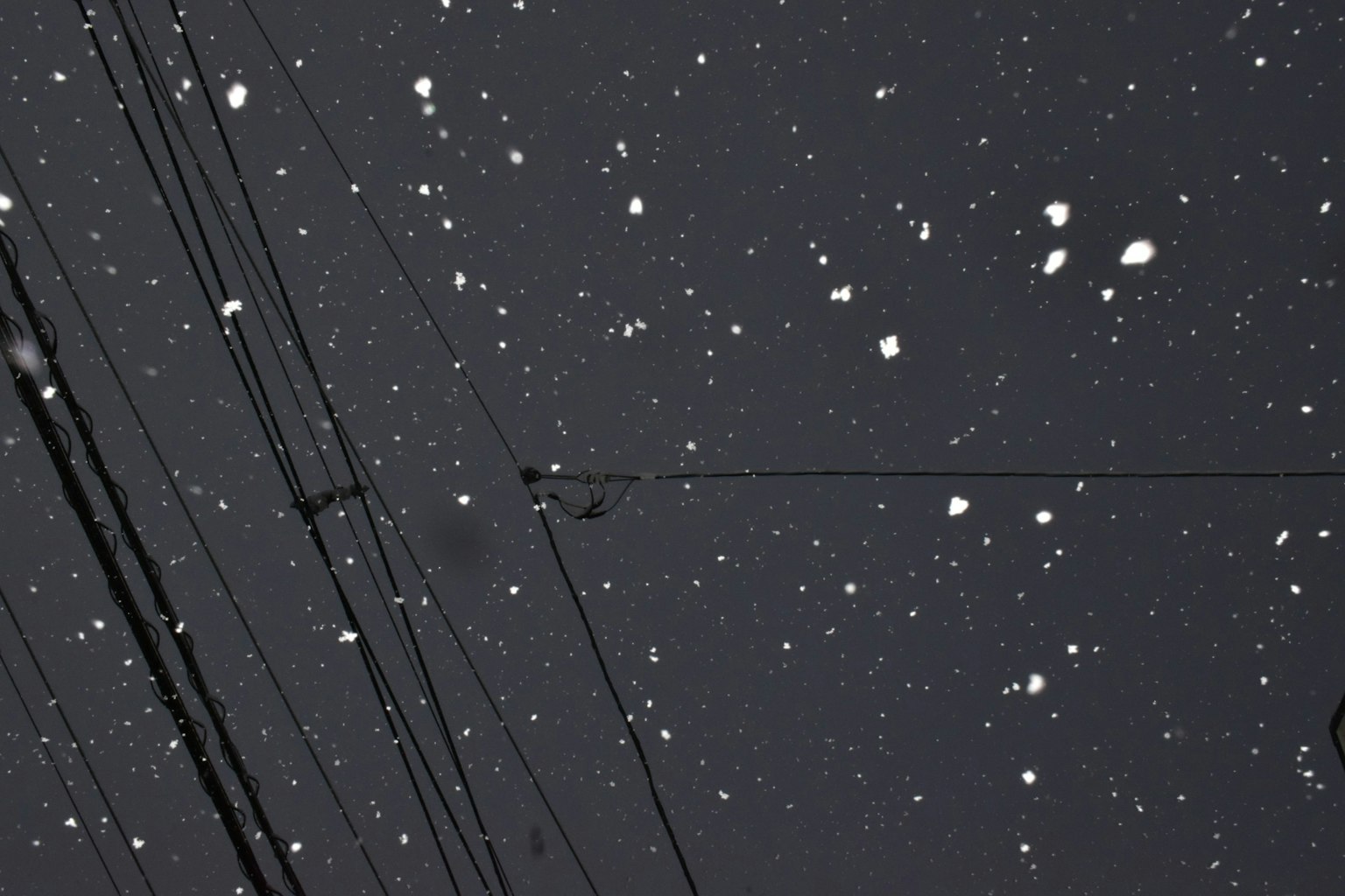 Nieve cayendo contra un cielo oscuro con líneas eléctricas