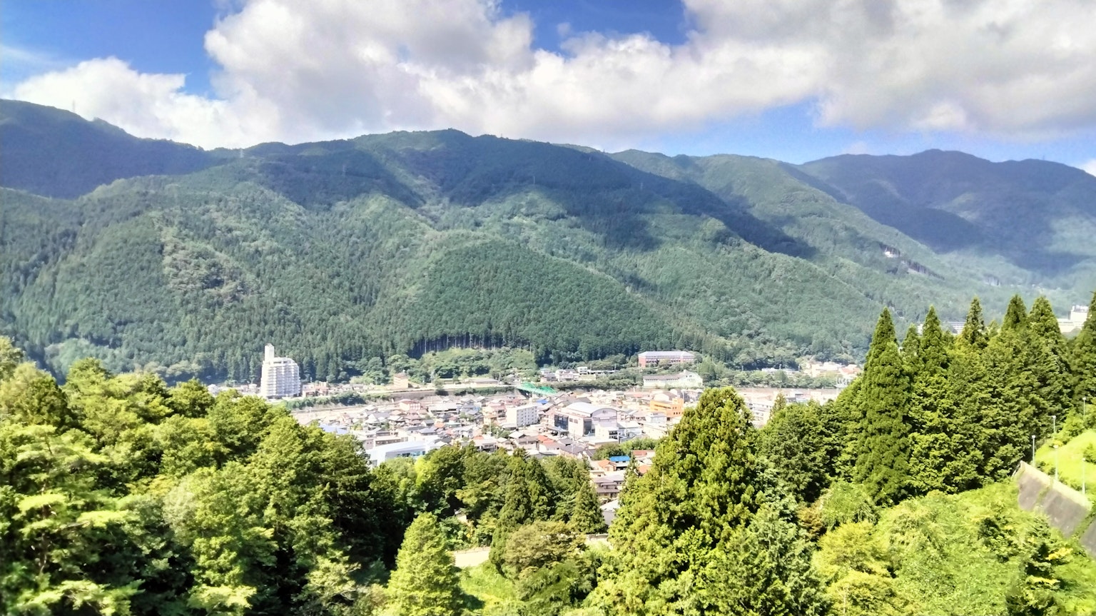 Vista panoramica di montagne verdi e di una città sottostante