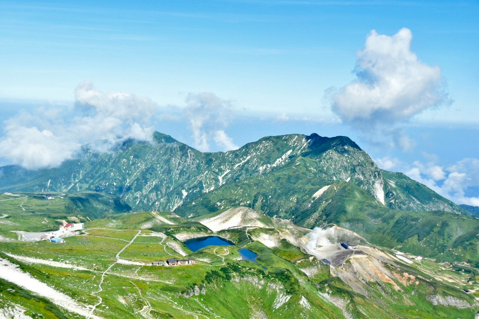 Vue panoramique des montagnes sous un ciel bleu avec des prairies vertes et des nuages blancs