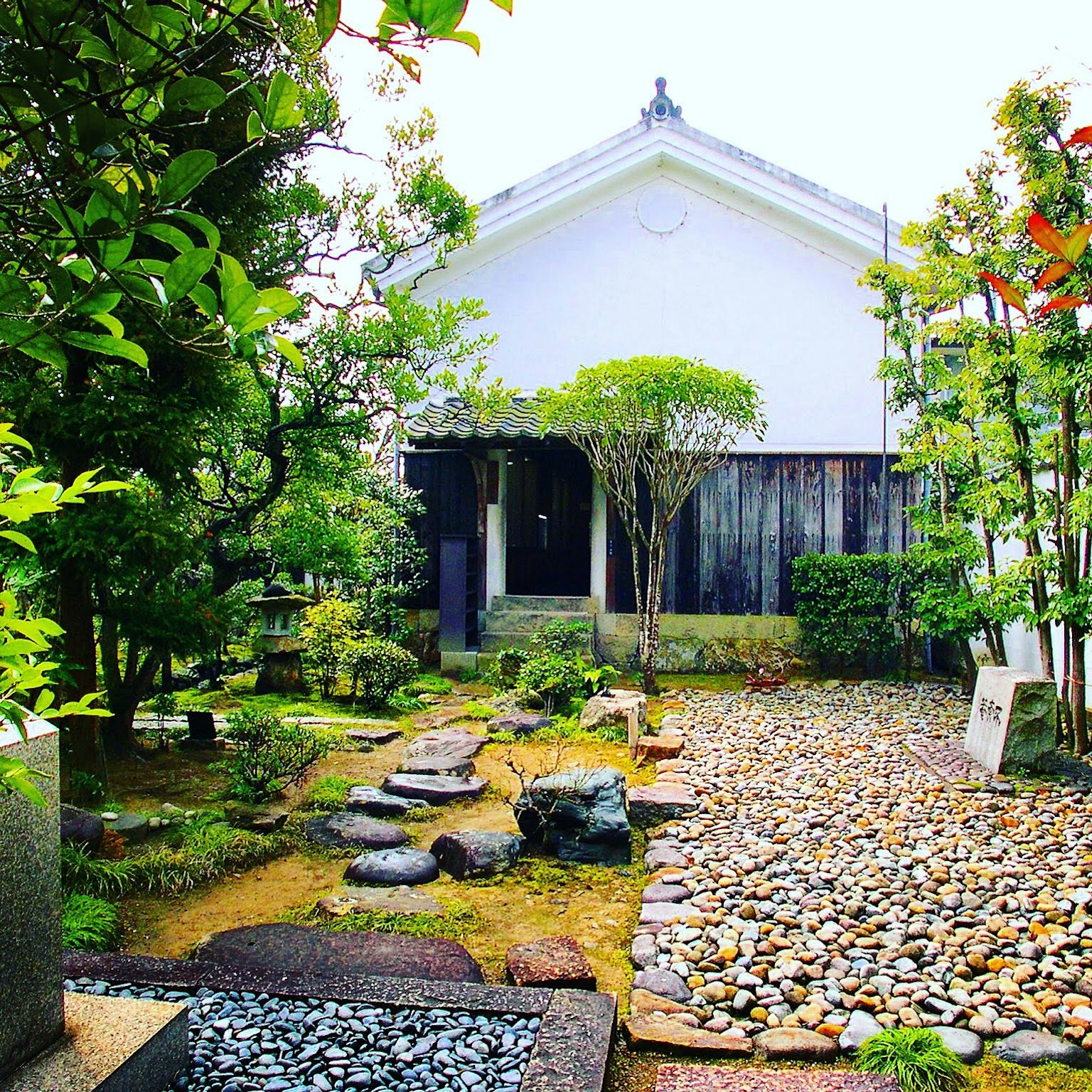 Pemandangan taman Jepang dengan dinding putih jalan batu dan tanaman hijau