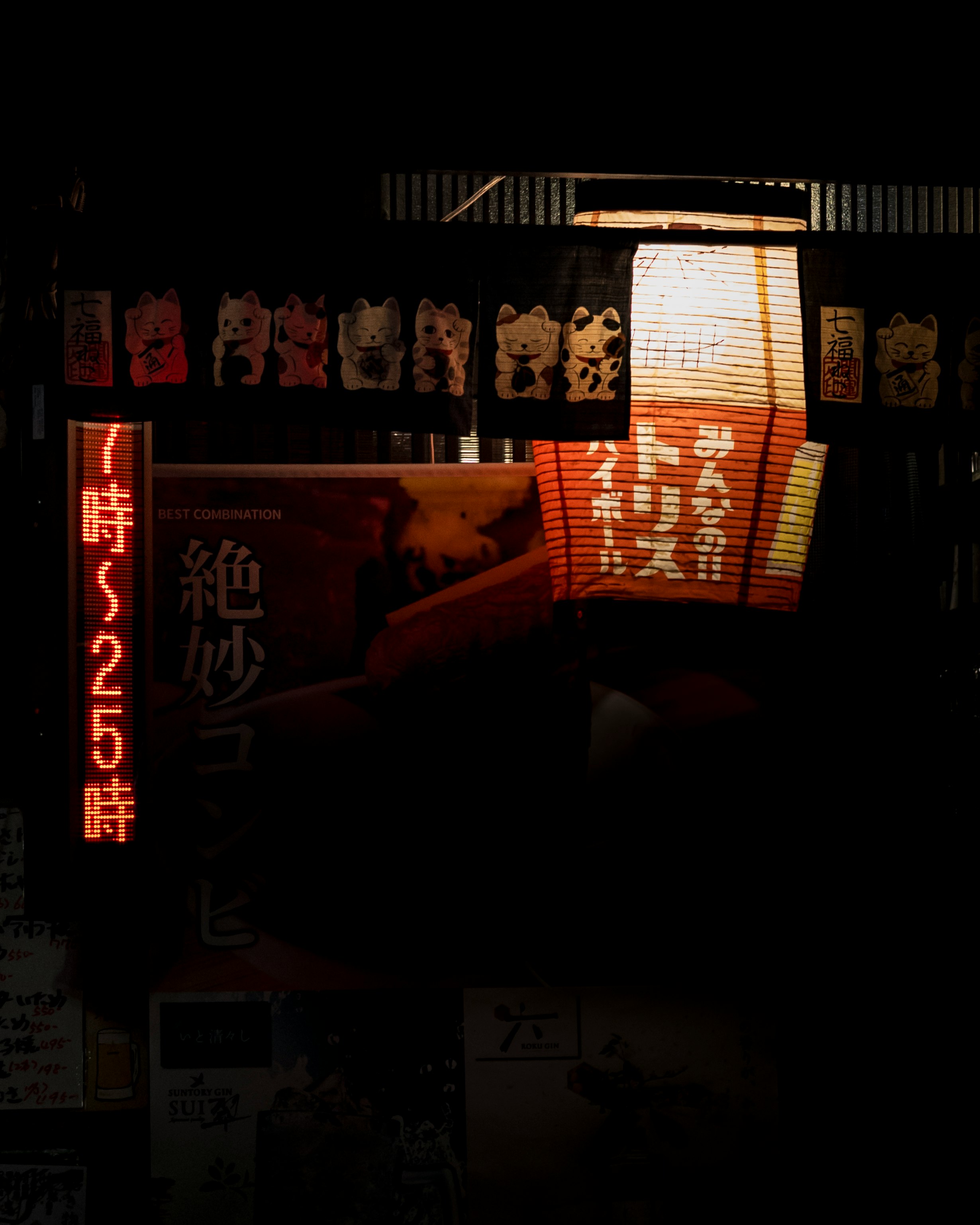 提灯と看板が並ぶ夜の路地