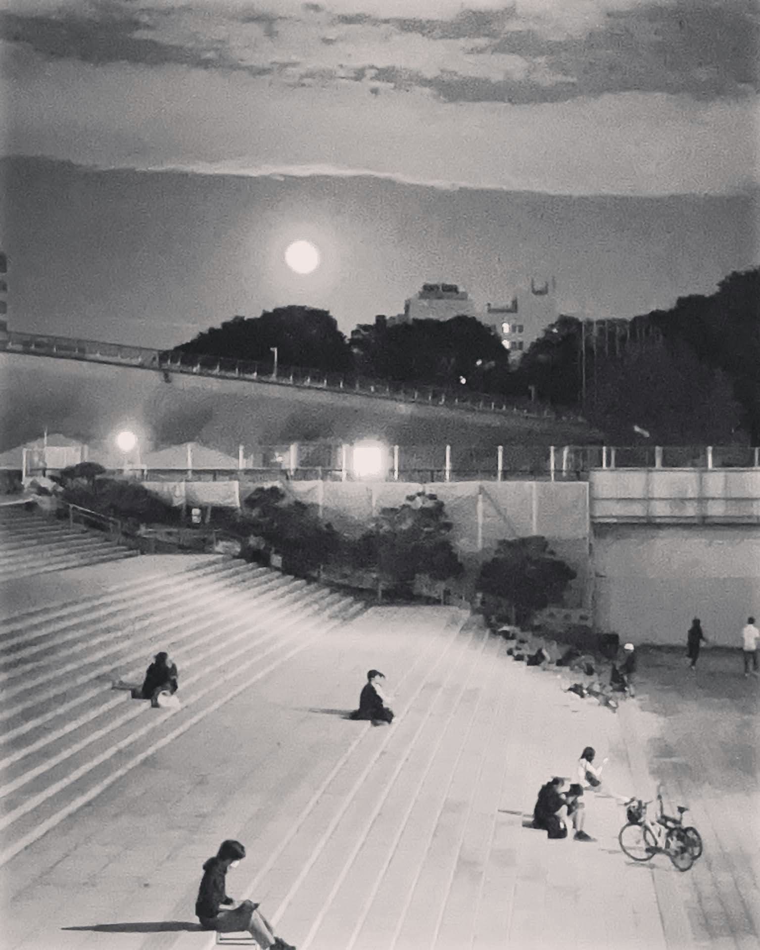 A night scene in a park with people sitting under moonlight and a bicycle