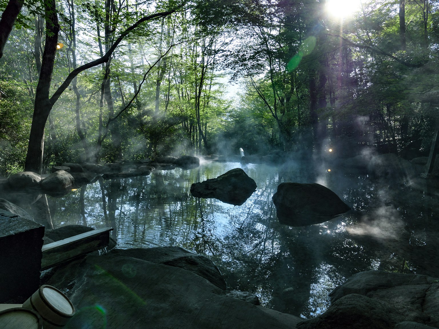 Scena serena di una sorgente termale in una foresta con alberi che si riflettono nell'acqua e vapore che si alza