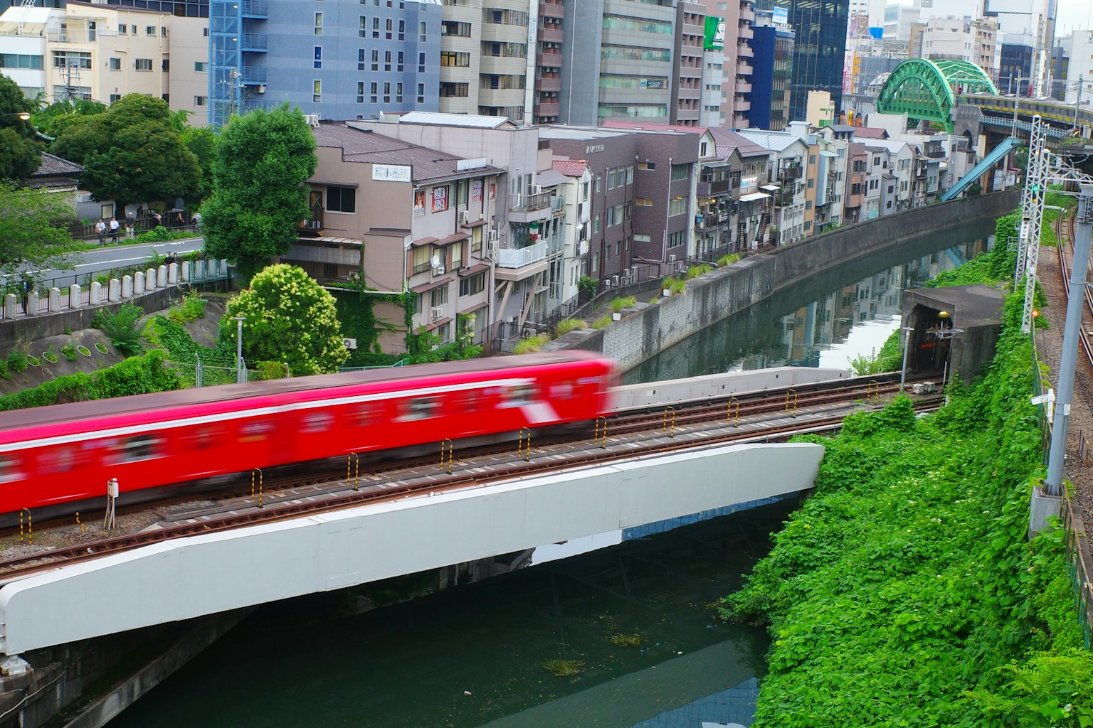 赤い電車が川を渡る都市の風景 緑の植物と高層ビルが背景