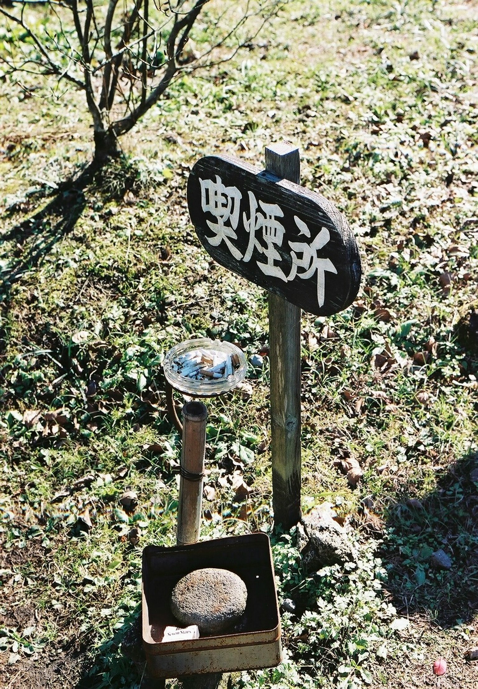 花園中的吸煙區標誌和煙灰缸