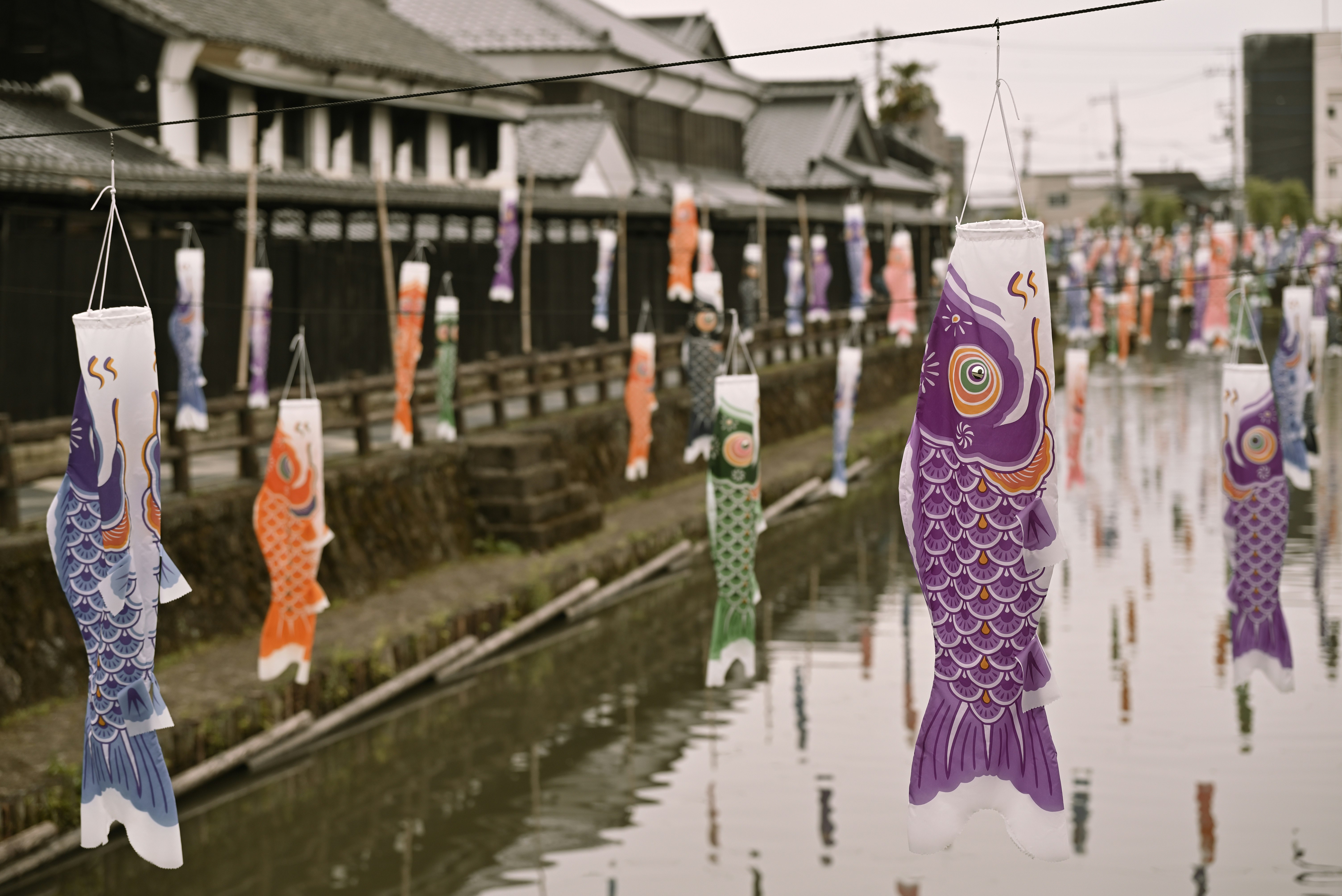 栃木蔵の街に並ぶ鯉のぼりのある水路の風景