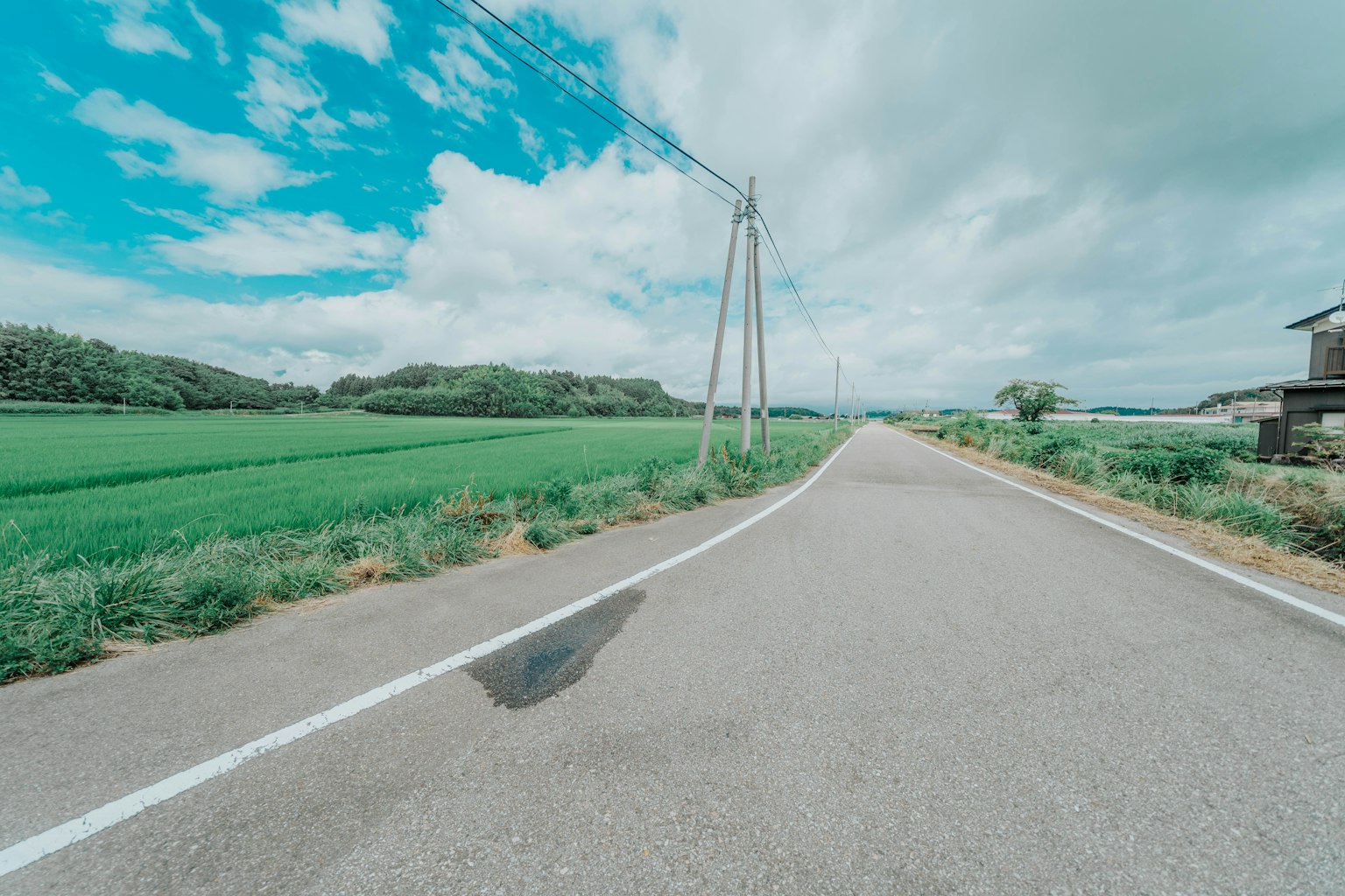 Strada tranquilla circondata da campi verdi e cielo azzurro