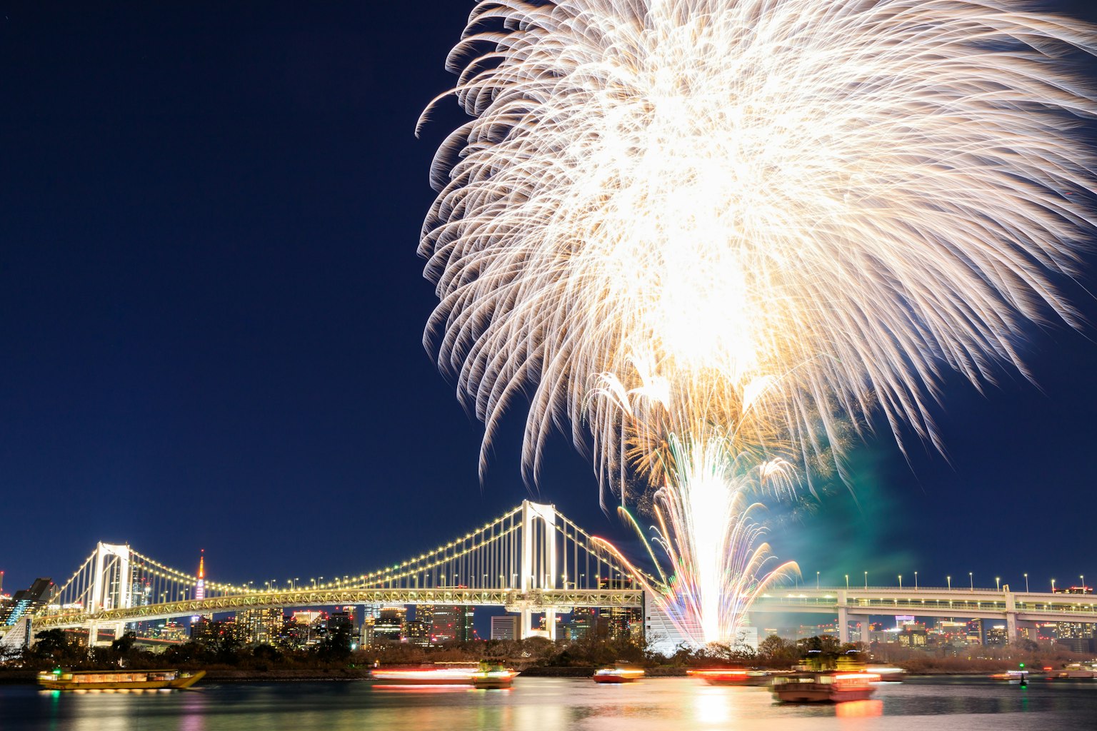Fireworks display over Rainbow Bridge at night