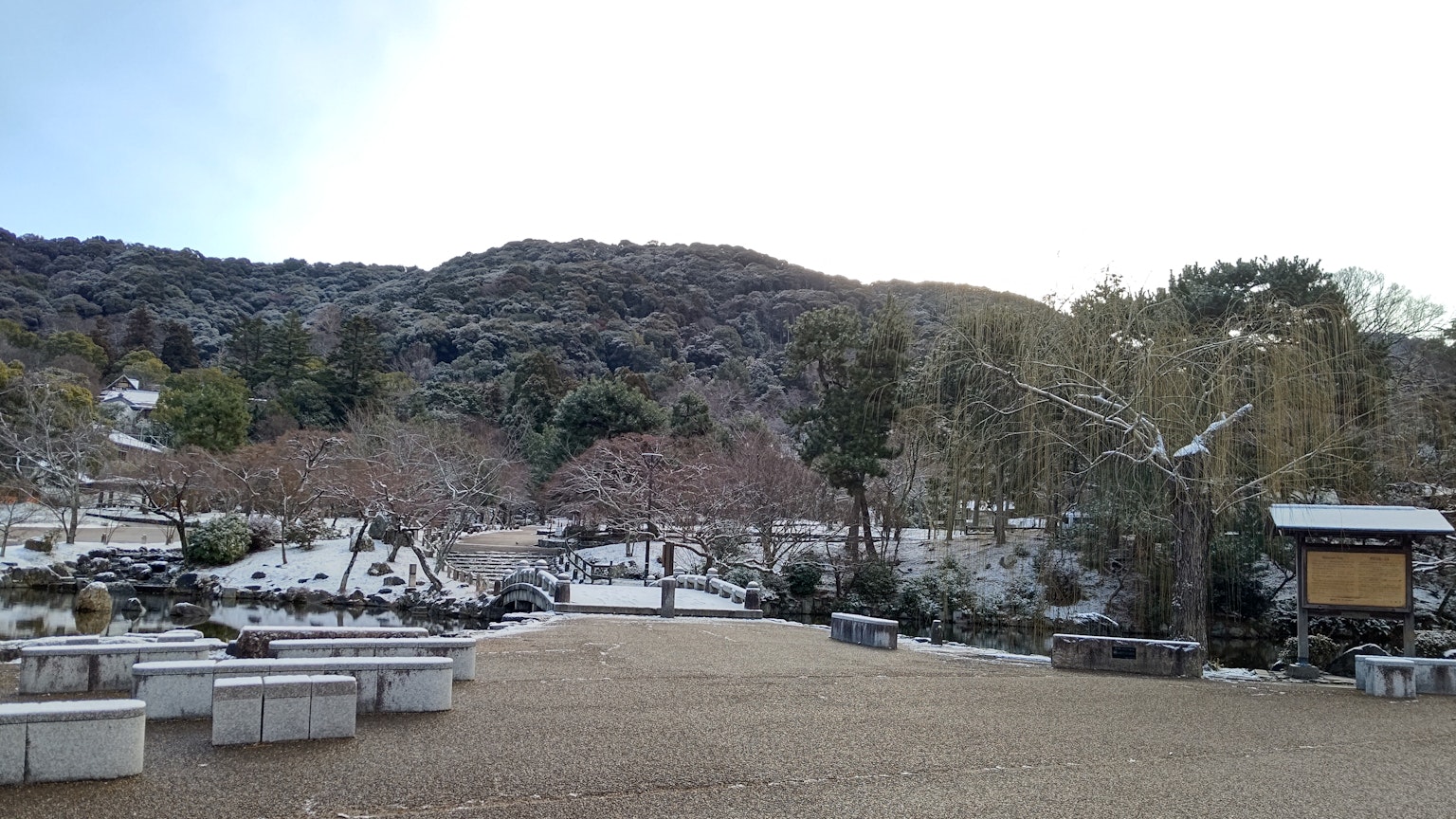 Escena de parque tranquila con árboles cubiertos de nieve y montañas al fondo