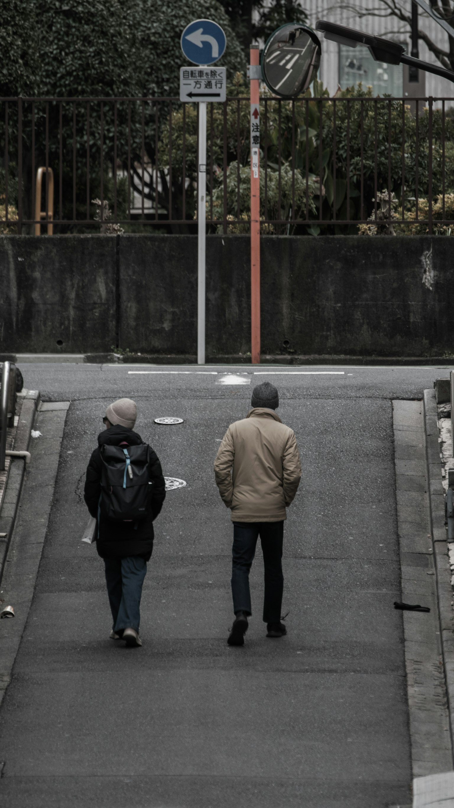 Due persone che camminano giù per una discesa con un segnale stradale e vegetazione sullo sfondo
