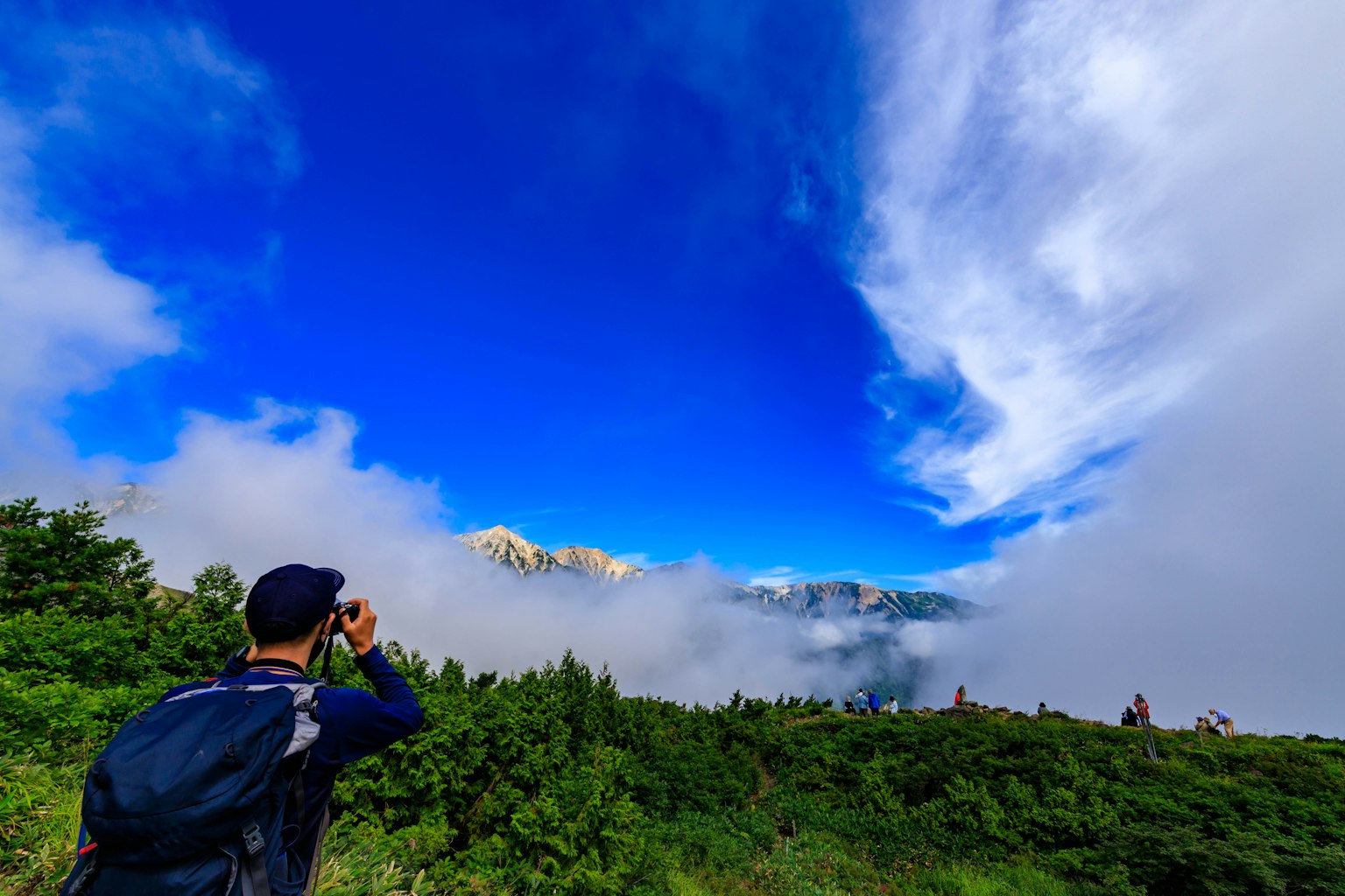 Person, die eine Kamera hält, mit blauem Himmel und Wolken im Hintergrund neben üppigem Grün