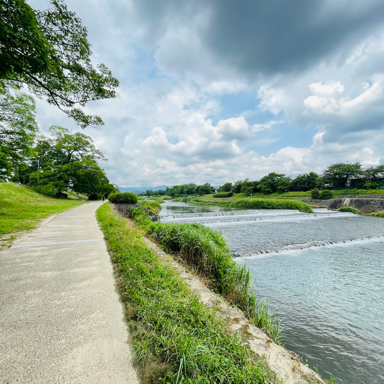 Scenic river view with lush greenery and cloudy sky