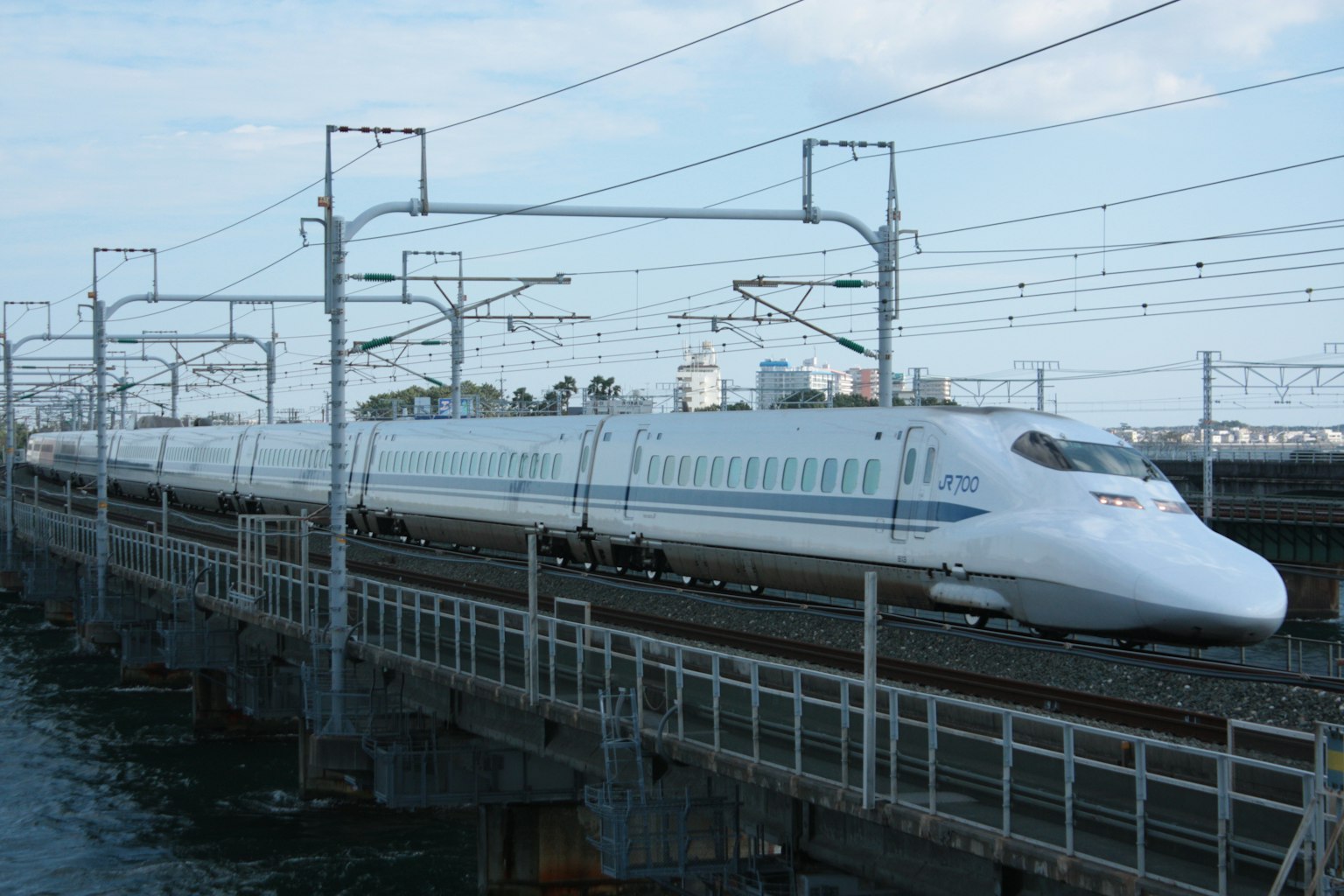 Train Shinkansen circulant sur des voies surélevées