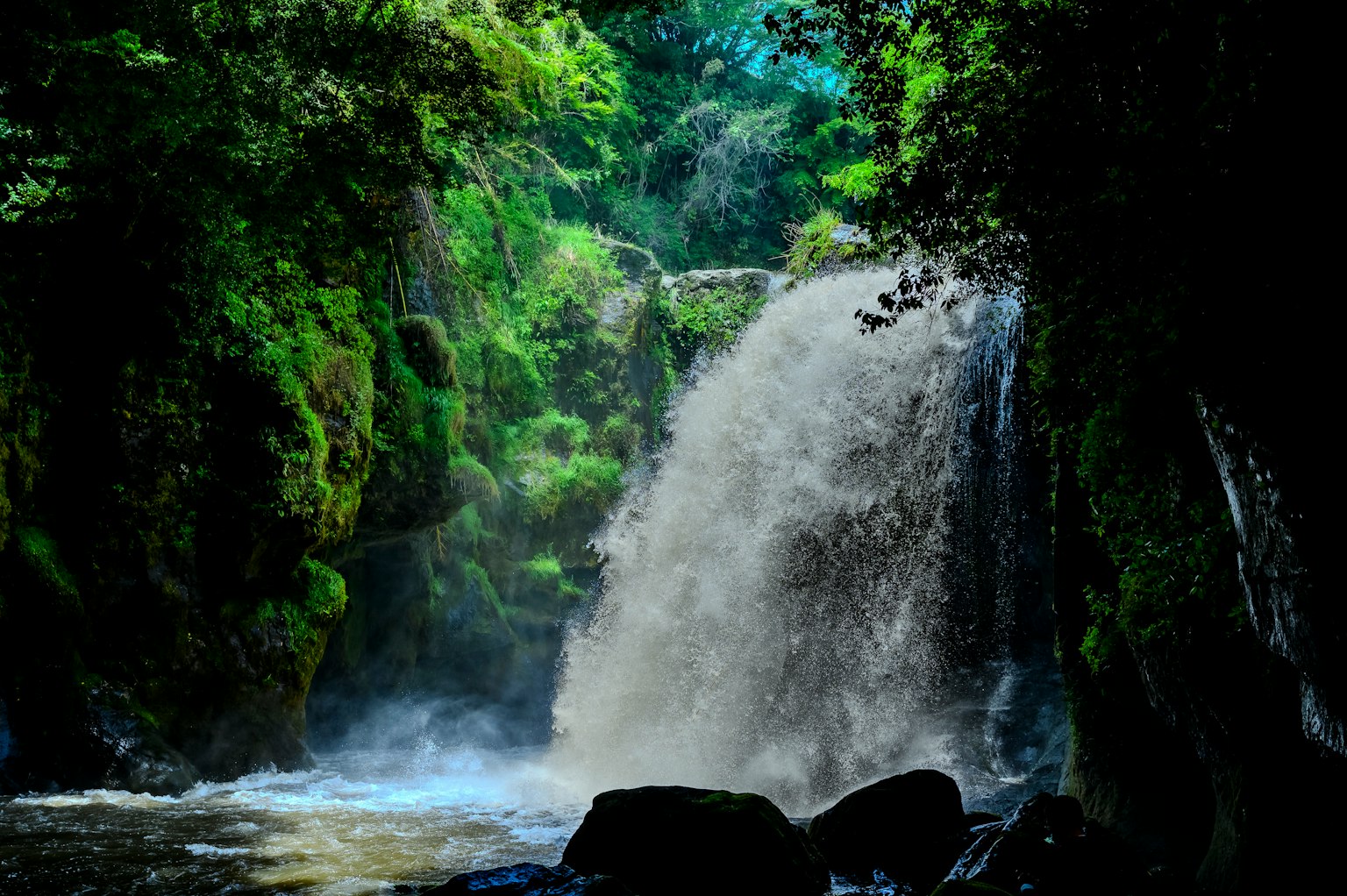 Une belle cascade tombant à travers une végétation luxuriante avec des éclaboussures d'eau autour